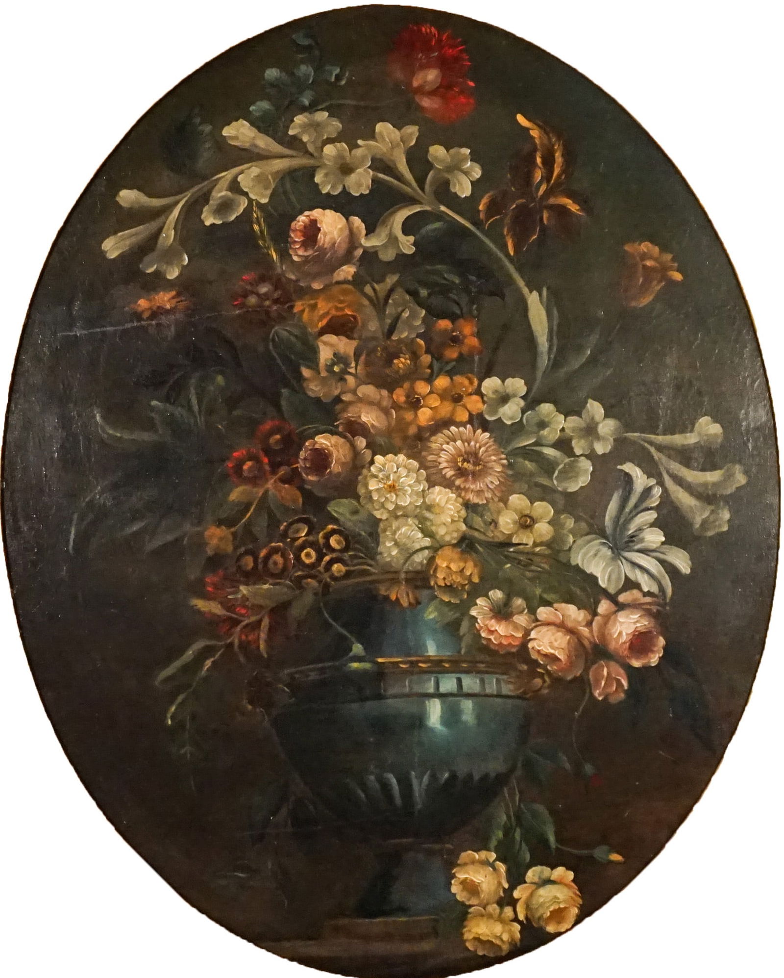 Dutch School, 19th Century, Floral Still Life in Blue Urn, Oil on canvas mounted on Masonite, Oval:: Dutch School, 19th CenturyFloral Still Life in Blue UrnOil on canvas mounted on MasoniteUnsignedOval: 35 x 28 in (88.9 x 71.1 cm); Frame: 44 x 36 in (111.8 x 91.4 cm)