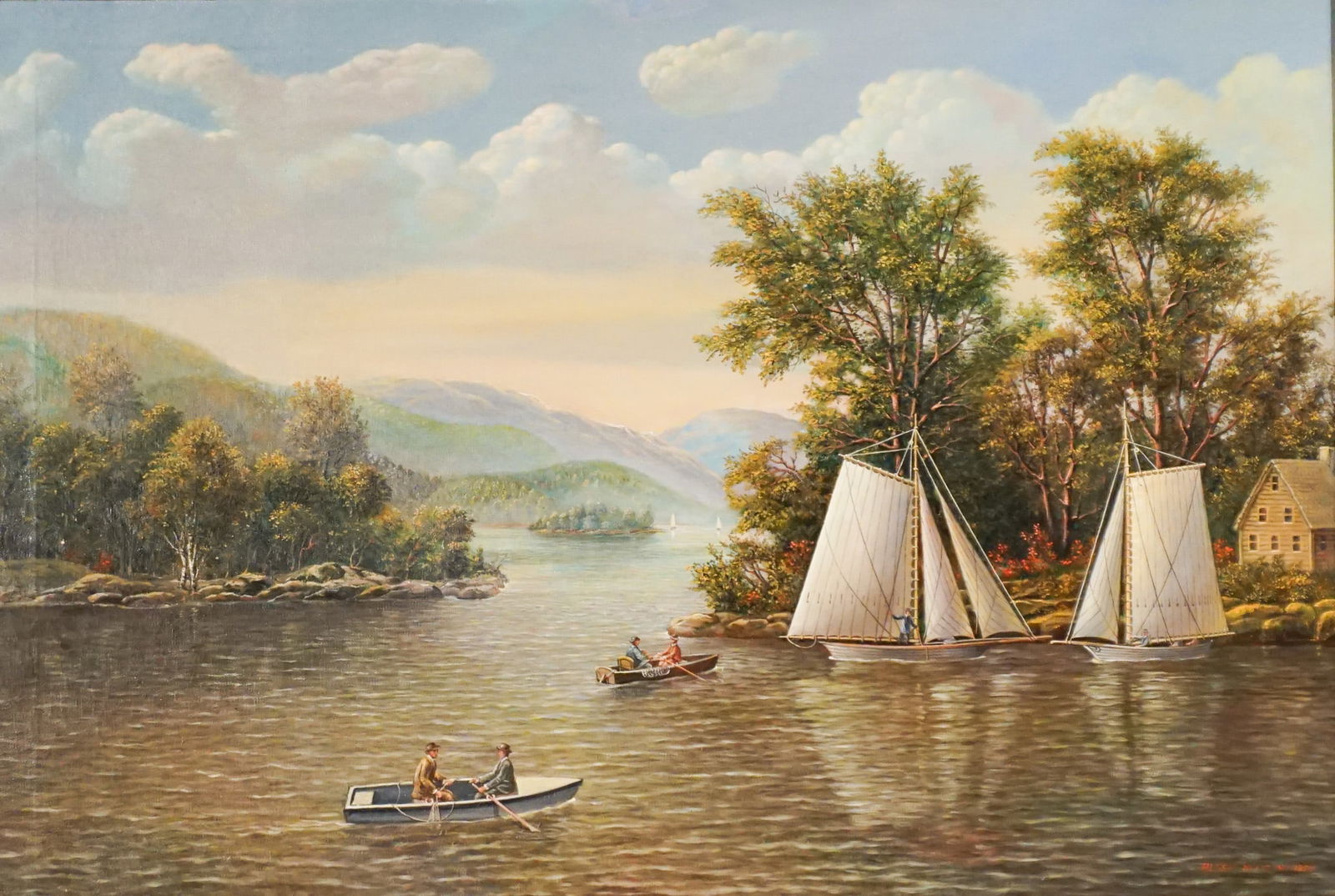 Albert Szatmar Nemethy (Hungarian/American 1920-1998), Mountain River Landscape with Boats and: Albert Szatmar Nemethy(Hungarian/American, 1920-1998)Mountain River Landscape with Boats and Sailing ShipsOil on canvasSigned Albert Nemethy and dated 1955 l.r.24 x 36 in (61 x 91.4 cm); Frame