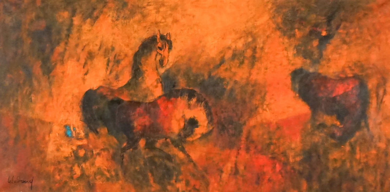 Lebadang (French 1921-2015), Three Horses, Oil on canvas, 23 x 47 in (58.4 x 119.4 cm); Frame: 30 x: Lebadang(French, 1921-2015)Three HorsesOil on canvasSigned Lebadang l.l. and titled 3 chevaux on verso23 x 47 in (58.4 x 119.4 cm); Frame: 30 x 54 in (76.2 x 137.2 cm)