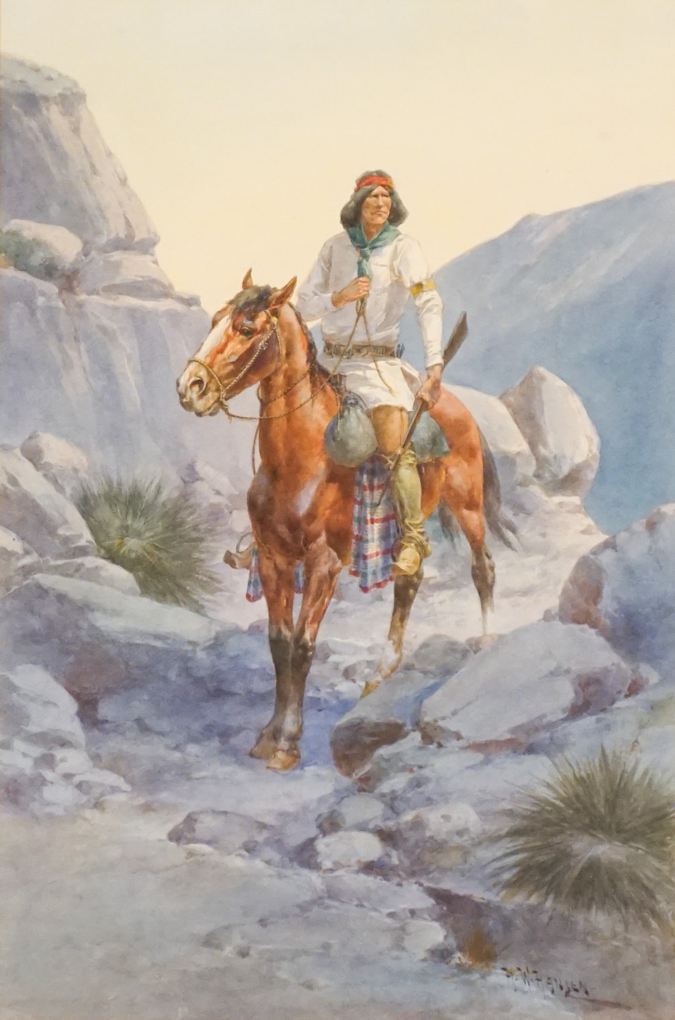 Herman Wendelborg Hansen (German/ American 1854-1924), Native American on Horseback, Watercolor on: Herman Wendelborg Hansen(German/ American, 1854-1924)Native American on HorsebackWatercolor on paperSigned H. W. Hansen l.r.Note:Framed by Kennedy Galleries, New York29 x 19-