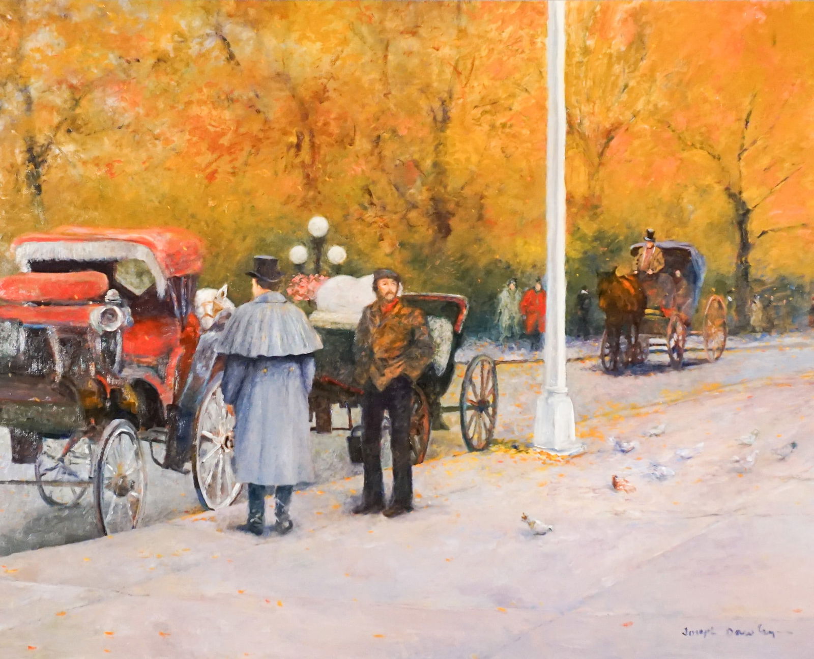Joseph William Dawley (American 1936-2008), Carriages in Central Park, Oil on panel, 26 x 32 in (66: Joseph William Dawley(American, 1936-2008)Carriages in Central ParkOil on panelSigned Joseph Dawley l.r.26 x 32 in (66 x 81.3 cm); Frame: 34 x 39-1/2 in (86.4 x 100.3 cm)