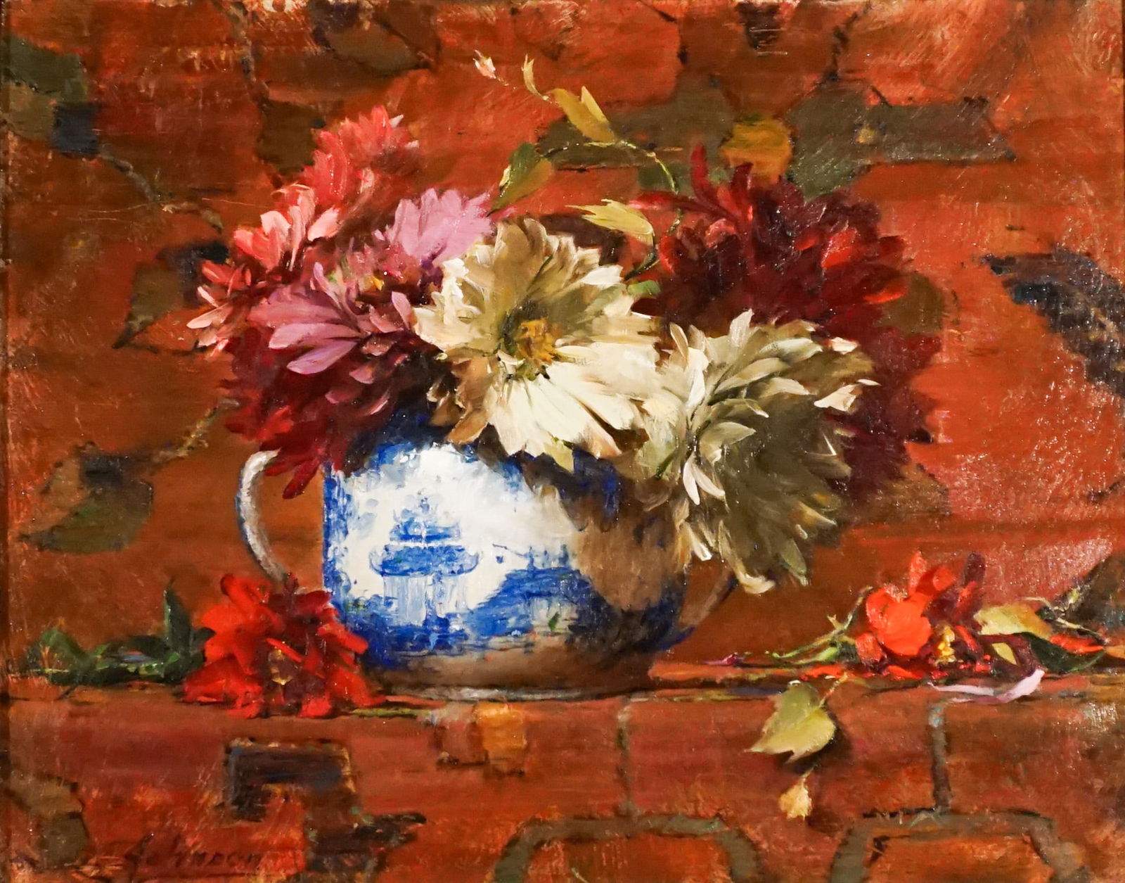 Robert A. Johnson (American b. 1942), Still Life with Blue and White Jug, Oil on Masonite, 11 x 14: Robert A. Johnson(American, b. 1942)Still Life with Blue and White JugOil on MasoniteSigned Johnson l.r.; also inscribed Robert A. Johnson/ Painter/ Vienna, VA/ USA 1993 on verso11 x 14 in (27