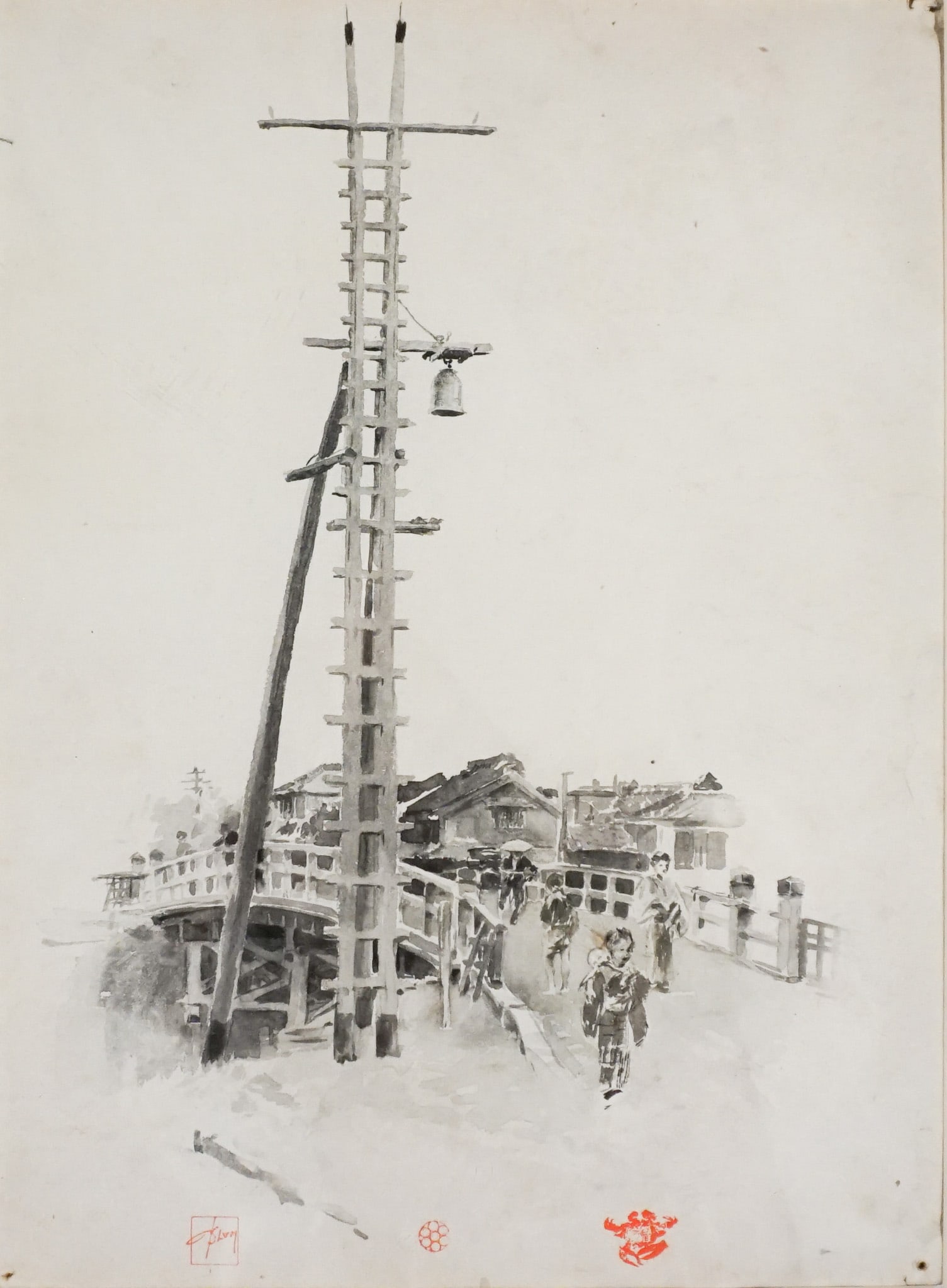 Robert Frederick Blum (American 1857-1903), Japanese Street Scene, Ink on paper, Sight size: 14-1/4: Robert Frederick Blum(American, 1857-1903)Japanese Street SceneInk on paperSigned Blum in red l.l.; also with two red seals l.c.Property from the Estate of Martin BirnbaumSight siz