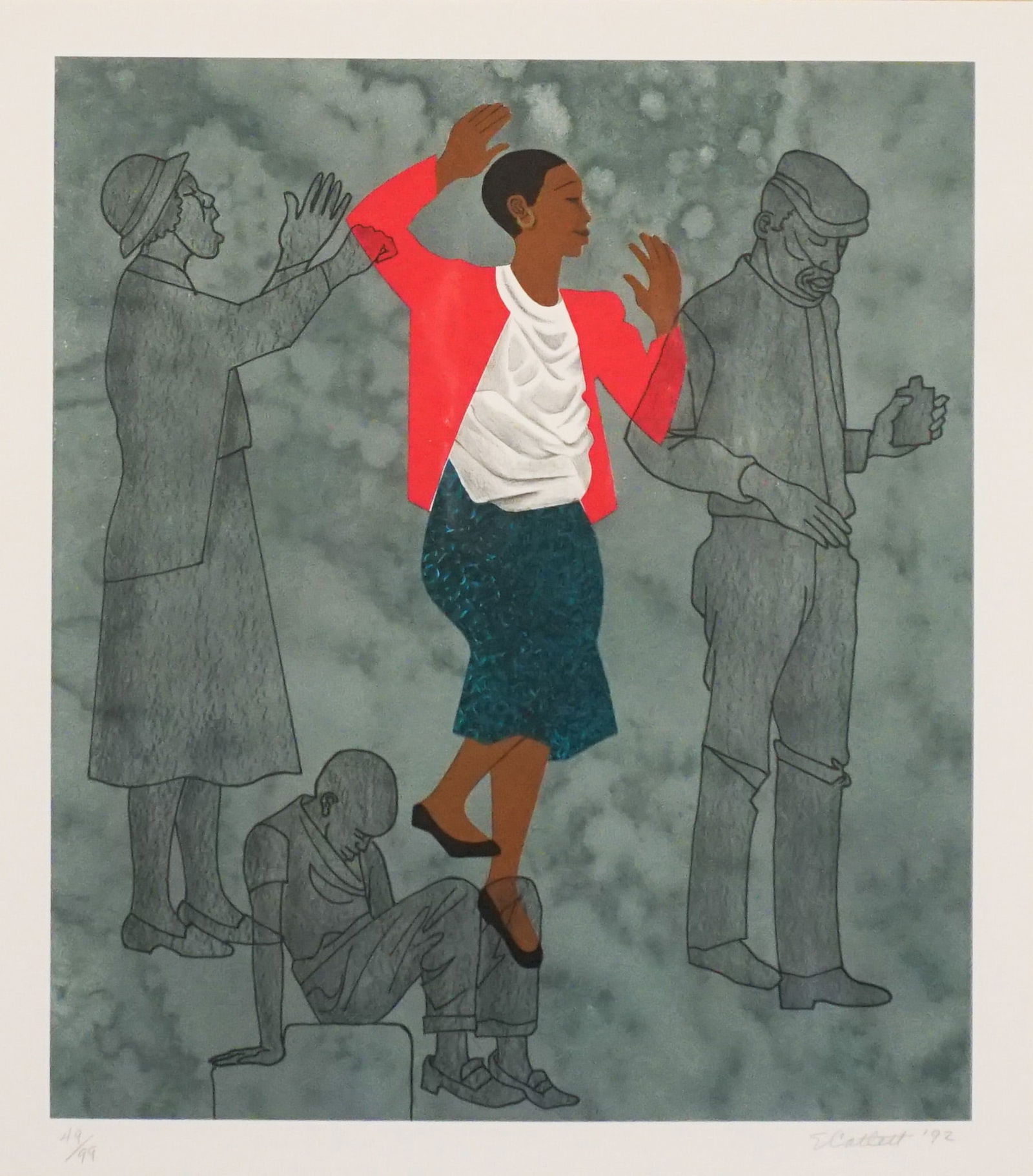 Elizabeth Catlett (American 1915-2012), Walking Blindly: From 'For My People', Color lithograph on: Elizabeth Catlett(American, 1915-2012)Walking Blindly: From 'For My People'Color lithograph on wove paperSigned and dated E. Catlett '92 in graphite l.r. and numbered 49/99 in graphite l.l., lower m
