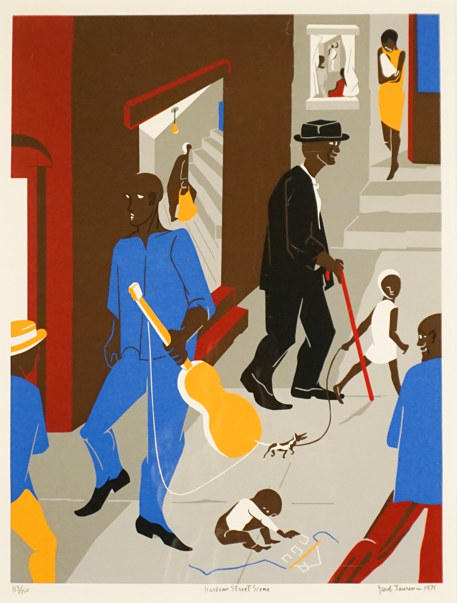 Jacob Armstead Lawrence (American 1917-2000), Harlem Street Scene, Screenprint in color, Sight size:: Jacob Armstead Lawrence(American, 1917-2000)Harlem Street SceneScreenprint in colorSigned Jacob Lawrence and dated 1975 in graphite l.r., titled in graphite l.c. and numbered 113/150 in graph