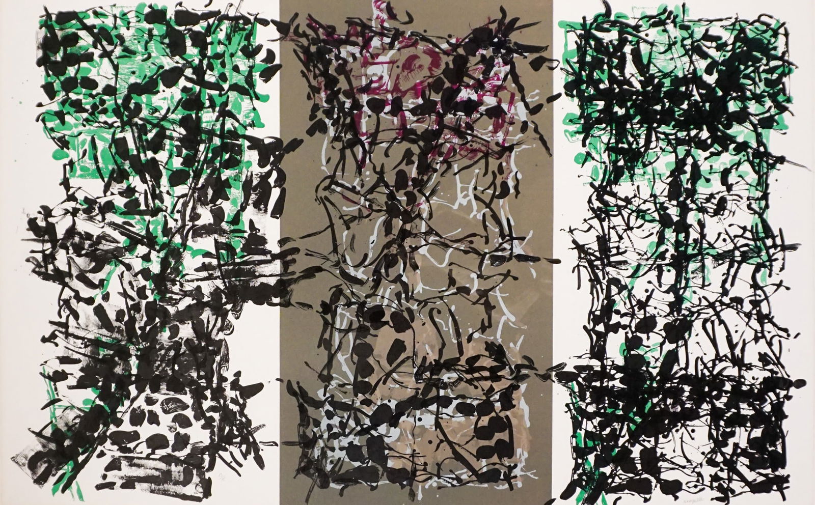 Jean-Paul Riopelle (Canadian 1923-2002), Triptyque Gris (Grey Triptych), Lithograph in color on: Jean-Paul Riopelle(Canadian, 1923-2002)Triptyque Gris (Grey Triptych)Lithograph in color on Mandeures Chiffon, 1967Signed Riopelle in graphite l.r. and numbered 13/75 in graphite l.l.Sheet siz