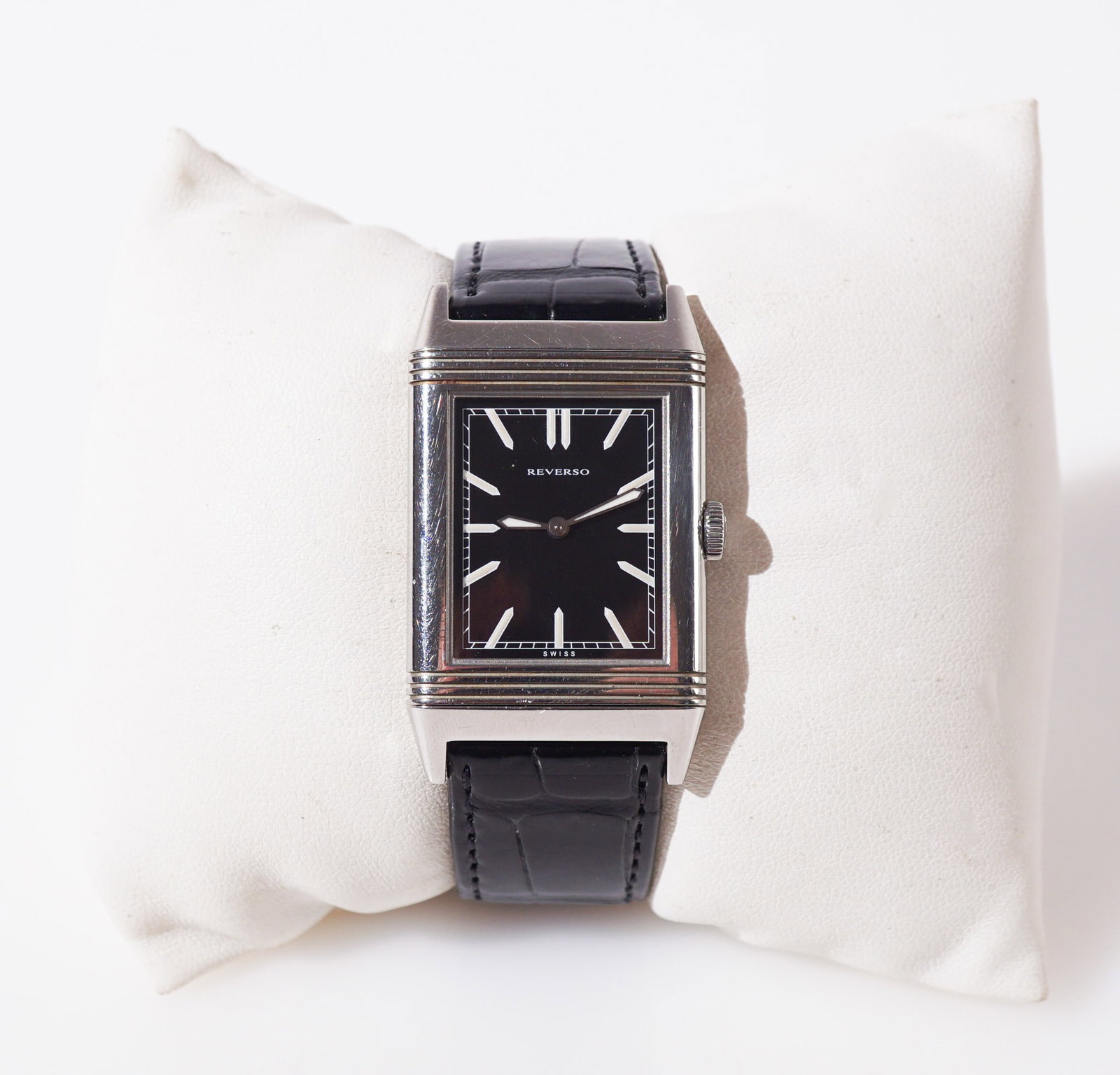 Jaeger-LeCoultre Grande Reverso Ultra Thin Stainless Steel Quartz Wristwatch, Case: 39 x 28 mm: Jaeger-LeCoultre Grande Reverso Ultra Thin Stainless Steel Quartz Wristwatch Reference number 277.8.62Case number 2813771Having a black rectangular enamel dial with luminous hour chapters, the reverse