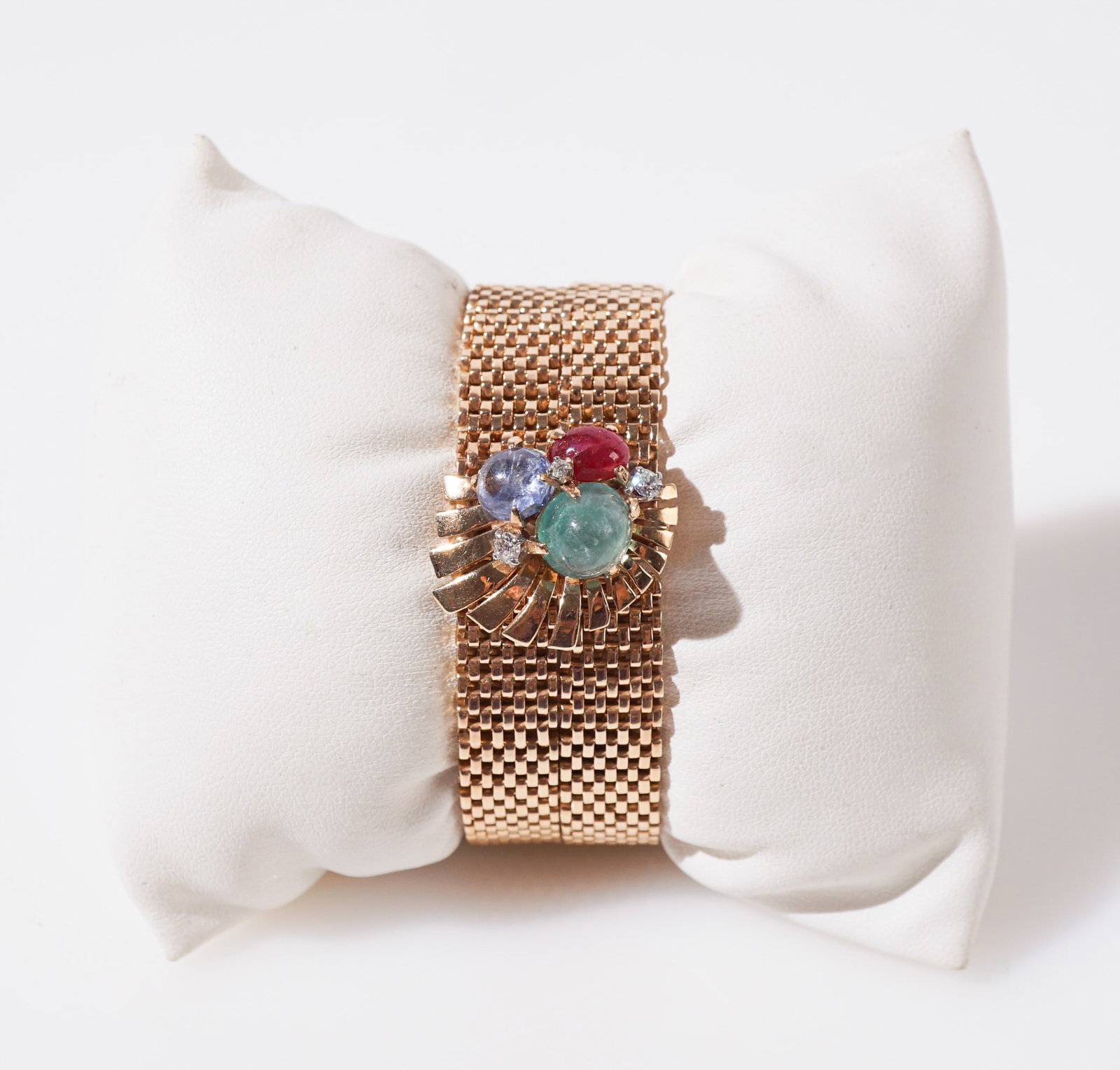 Seaman Schepps 14-Karat Yellow-Gold and Gem-Set Bracelet, Gross weight: 28.4 dwt., Length: 6-1/2 in: Seaman Schepps 14-Karat Yellow-Gold and Gem-Set Bracelet Set with one oval cabochon emerald, ruby and blue sapphire and set with three round old mine-cut diamonds. Signed. Gross weight: 28.4 dwt. Leng