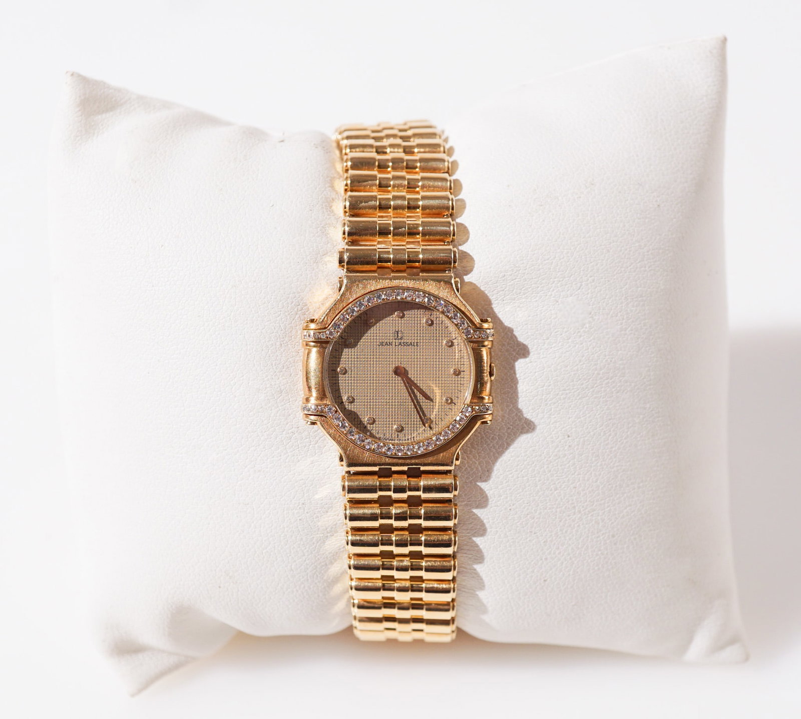 Jean Lassale 18-Karat Yellow-Gold Quartz Wristwatch, Gross weight: 47.8 dwt., Diameter: 22 mm,: Jean Lassale 18-Karat Yellow-Gold Quartz Wristwatch Case number FP 181/1Having a textured round gold-silver enamel dial with diamond-inset hour chapters, the bezel flanked by a pavé of single-cut