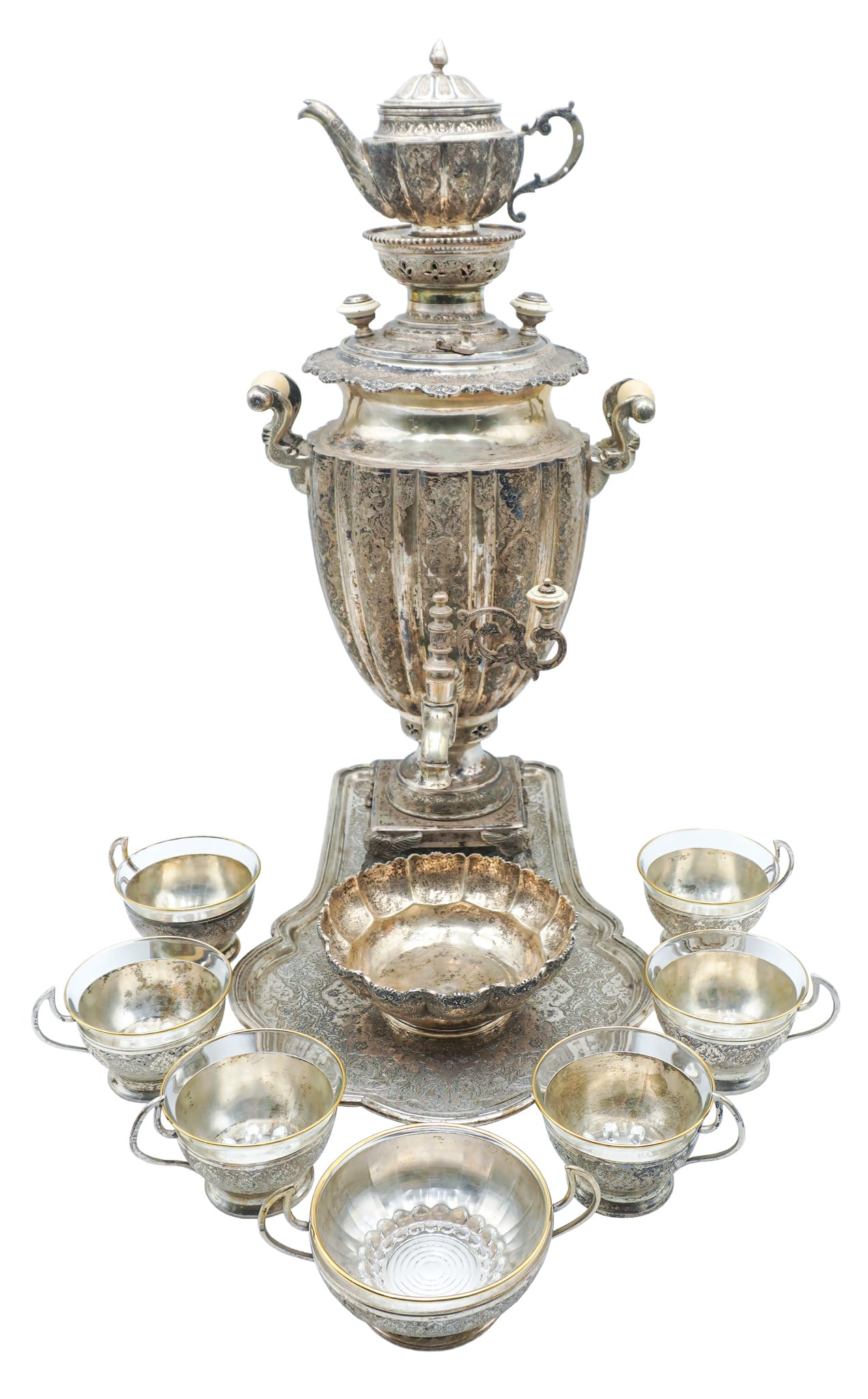 Persian Chased 875-Silver Samovar and Set of Six Zarfs, Probably Isfahan, First Half 20th-Century, (1 of 3)