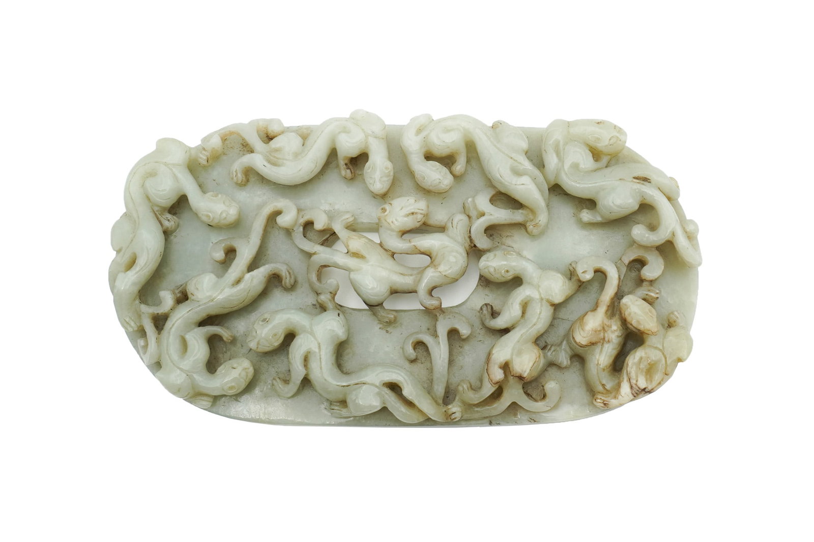 Chinese Pale Celadon Carved Jade Chilong Oval Bi, 18th-19th Century, Length: 8-1/4 in (21 cm); (1 of 3)