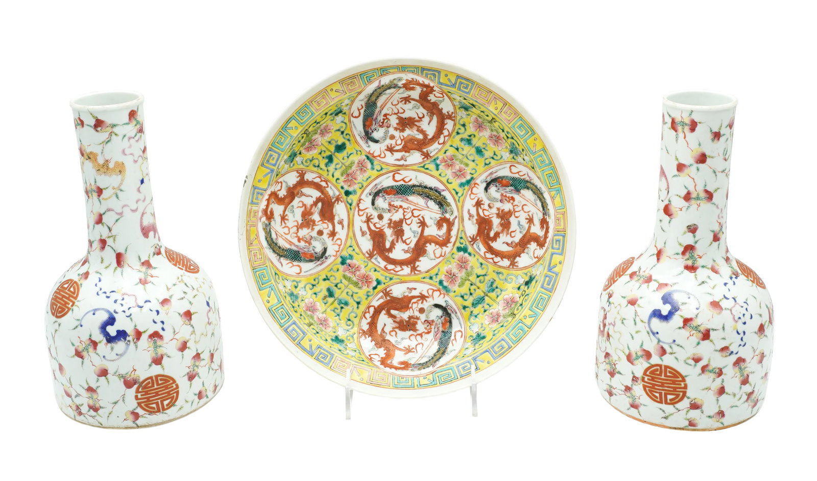 Pair of Chinese ‘Famille Rose' Porcelain 'Bat and Fruiting Peach Branches' Mallet-Form Vases (1 of 3)