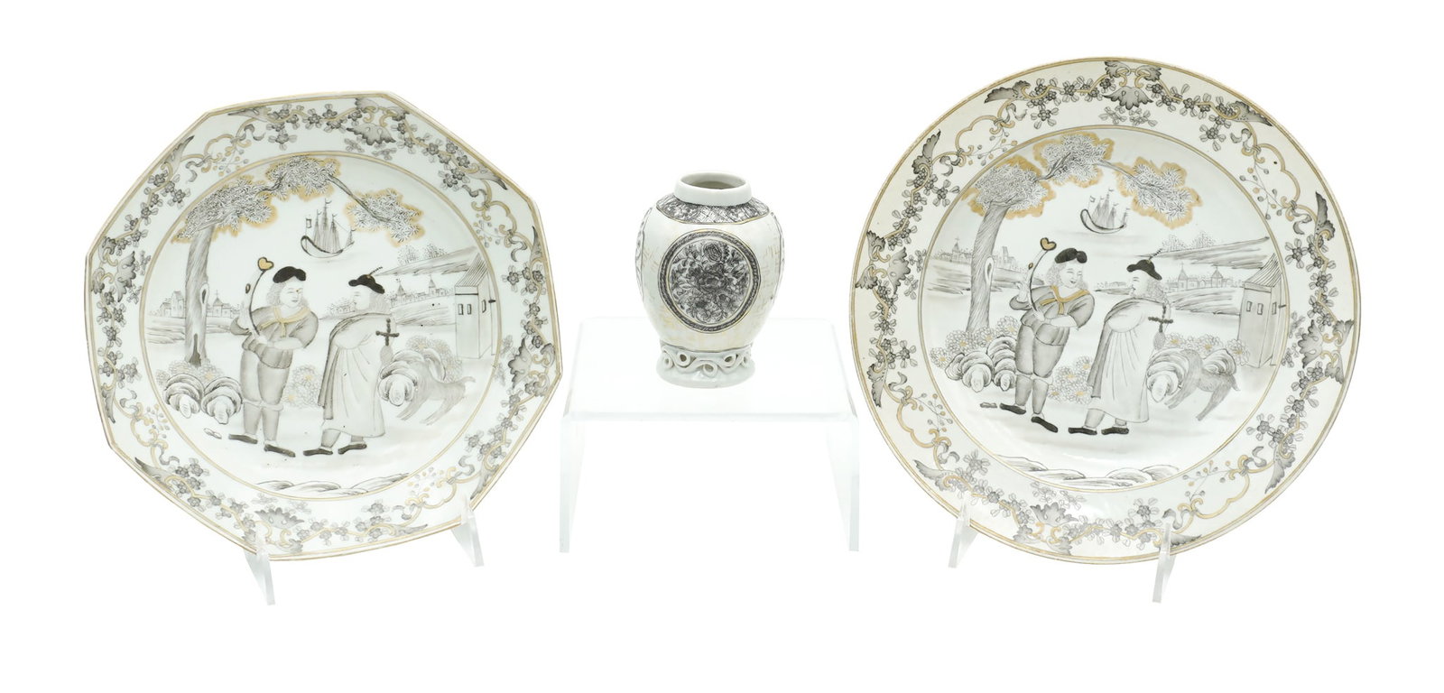 Chinese Export Porcelain Partial Gilt en Grisaille 'Jesuit' Plate, an Octagonal Soup Dish and an (1 of 2)