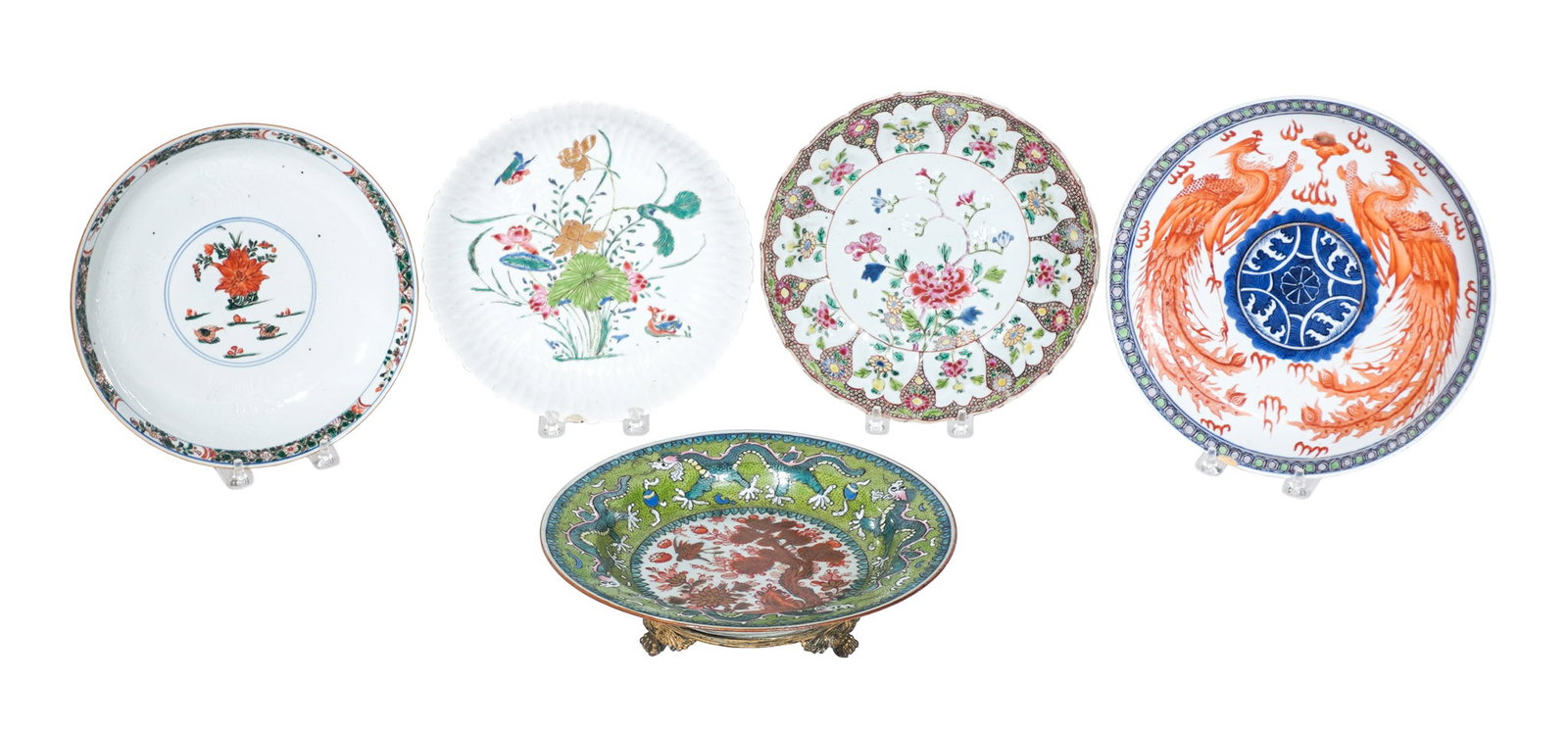 Group of Five Chinese Export 'Famille Rose' Porcelain Dishes, 18th-19th Century, Diameter of: Group of Five Chinese Export 'Famille Rose' Porcelain Dishes 18th-19th Century The chrysanthemum shaped plate dish with applied flowering lotus plant to underside of everted border; with later ormolu 