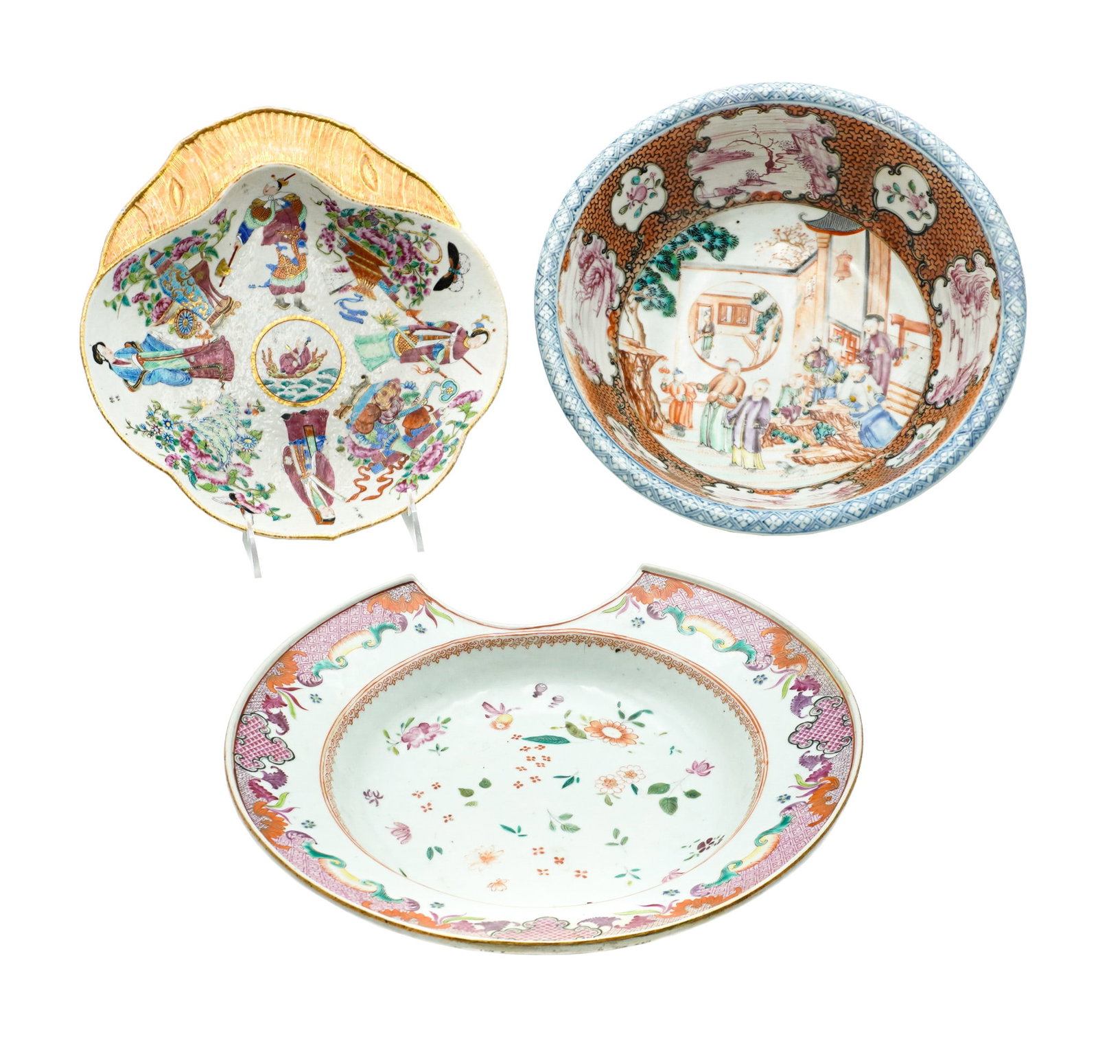 Chinese Export 'Mandarin Palette' Porcelain Rimmed Bowl, a Ruyi-Form Shallow Bowl and a Shaving: Chinese Export 'Mandarin Palette' Porcelain Rimmed Bowl, a Ruyi-Form Shallow Bowl and a Shaving Bowl Late 18th-Early 19th Century The first, enamel painted with a 'Court Scene' within a steep everted 