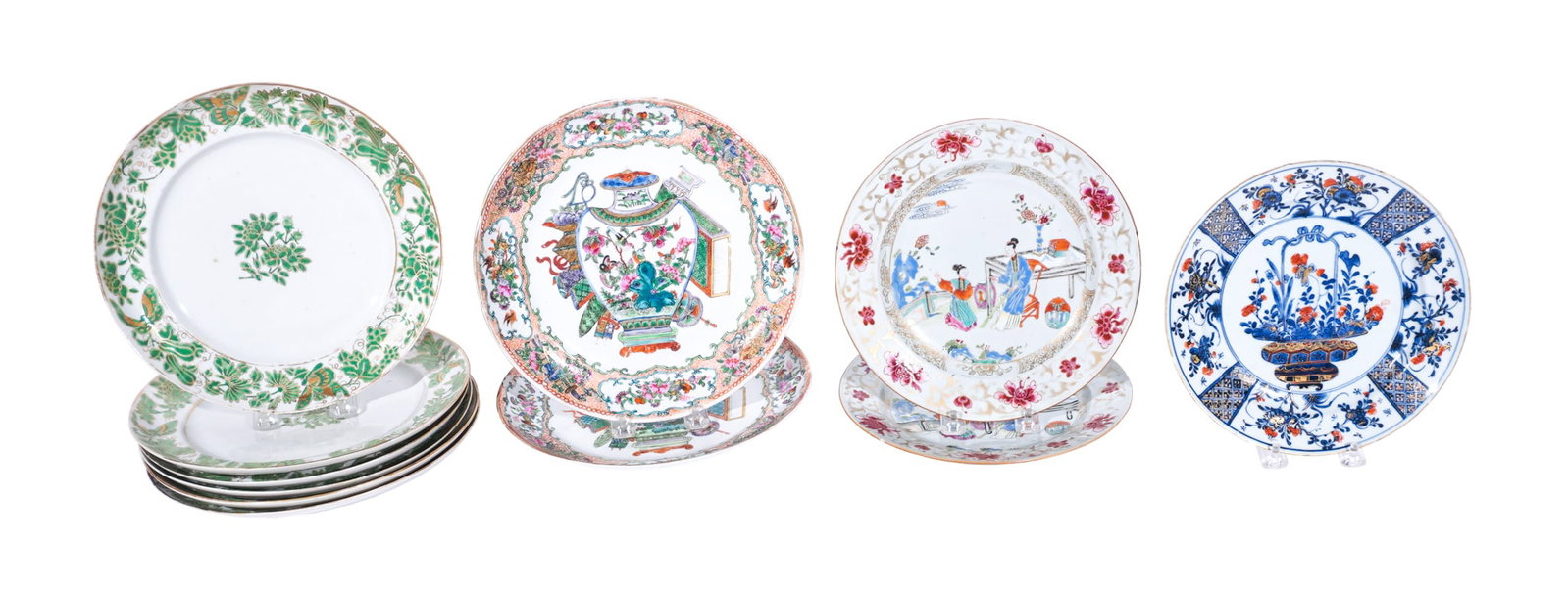 Set of Six Chinese Export Porcelain Gilt Accented Green Butterfly, Melon and Grapevine Dishes, Two: Set of Six Chinese Export Porcelain Gilt Accented Green Butterfly, Melon and Grapevine Dishes, Two Pairs of 'Famille Rose' Porcelain Dishes and an Imari Pattern Dish 18th-19th Century The first pair, 