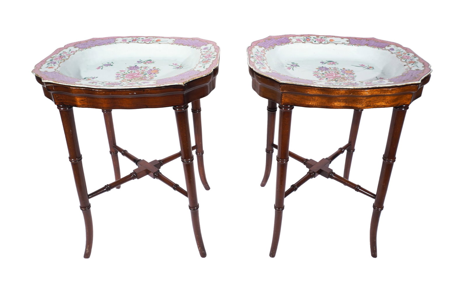 Pair of Chinese Export 'Mandarin Palette' Oblong Shallow Platters on Later Regency Style Mahogany (1 of 3)
