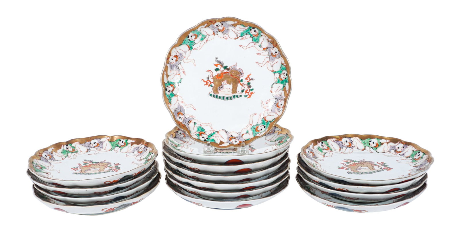 Set of Fifteen Japanese Kutani 'Mythological Beast and Posed Kenzo' Shallow Dishes, Meiji-Taisho (1 of 3)