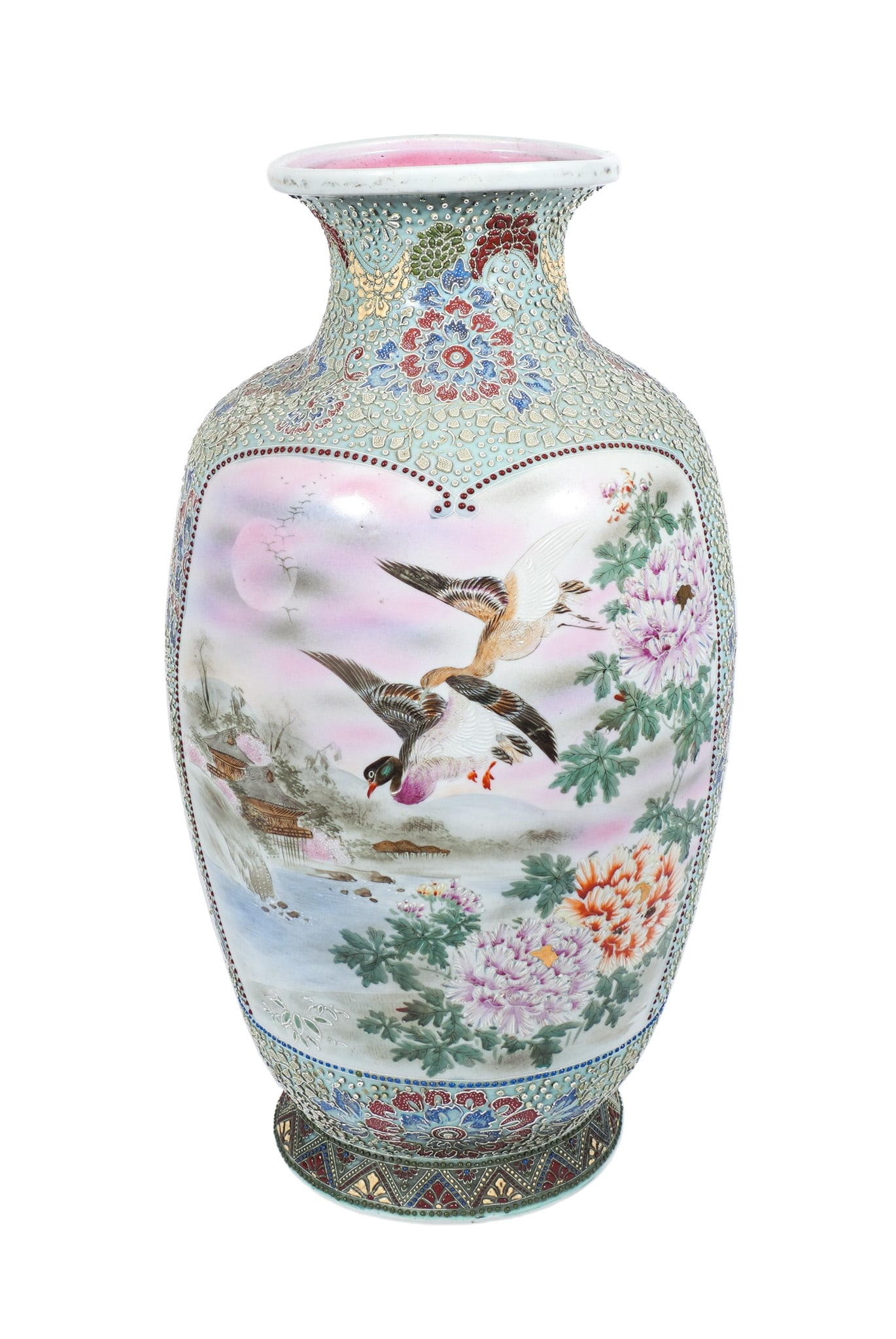 Large Japanese Moriage and Enamel Painted Floor Vase, Meiji-Taisho Period (1868-1926), Height:: Large Japanese Moriage and Enamel Painted Floor Vase Meiji-Taisho Period (1868-1926) The raised textured tapering body enamel painted on opposing sides with birds and ducks in flight over a lake or po