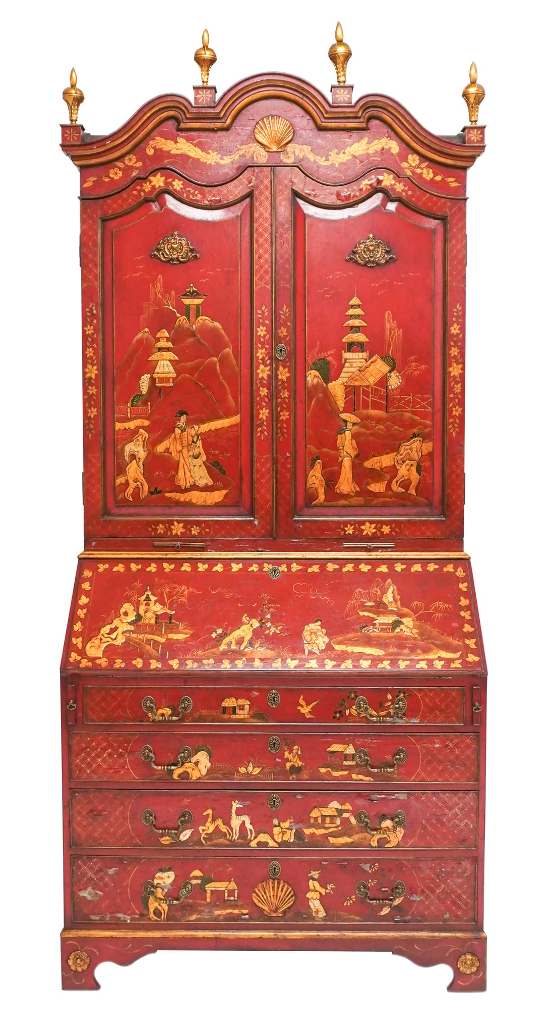 Queen Anne Style Gilt Lacquered Red Japanned Slant-Front Bureau-Bookcase, Circa 1900, Height: 94-3/4 (1 of 3)