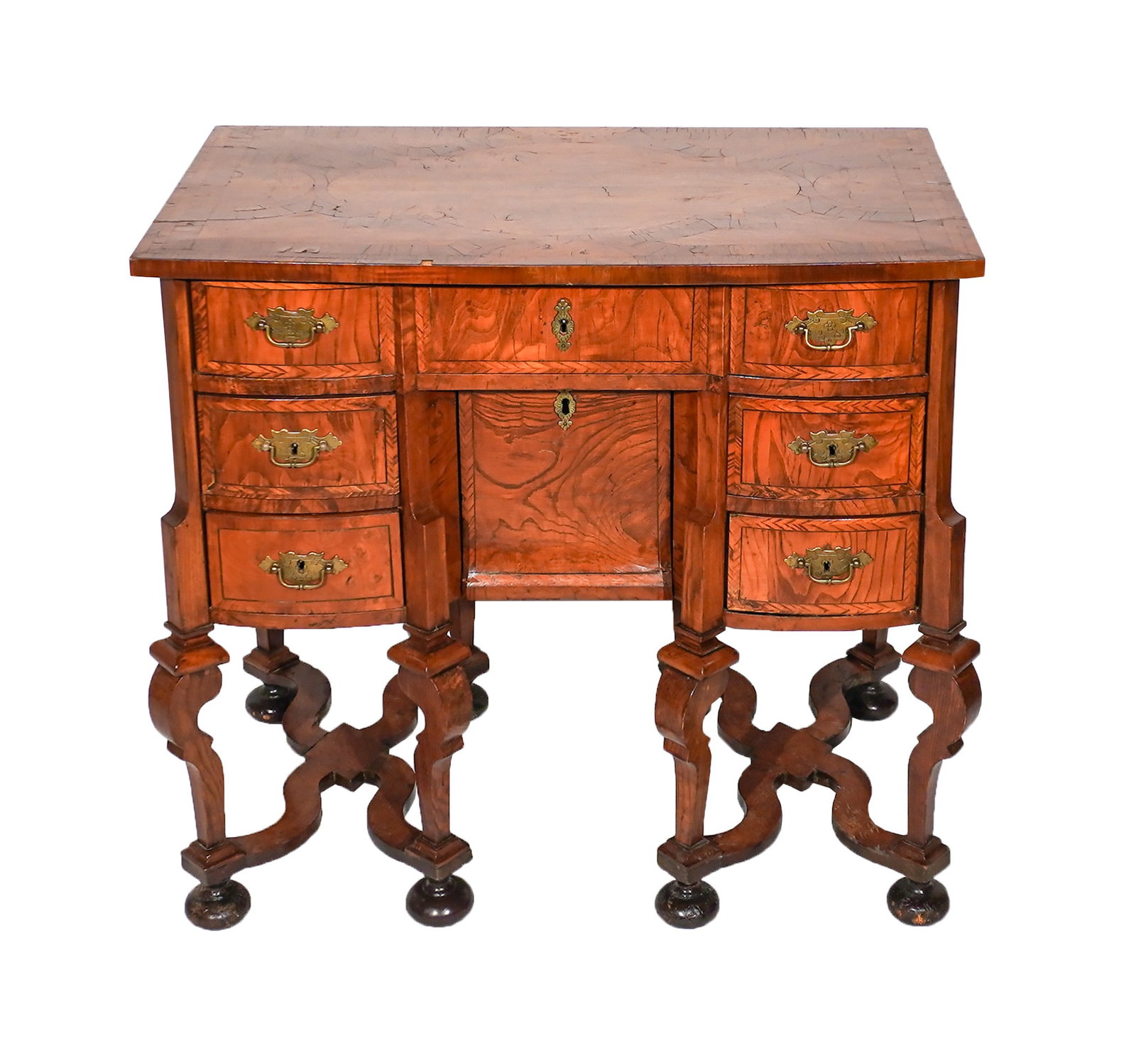 William and Mary Style Inlaid Figured Walnut, Yewwood and Harewood Kneehole Desk, Composed of (1 of 2)
