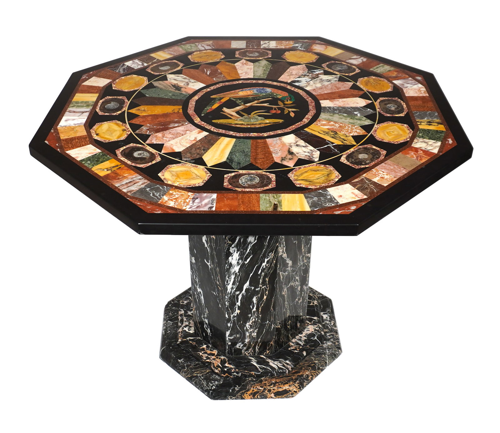 Italian Pietra Dura Marble Inlaid Slate Specimen Octagonal Table Top on a Mottled Black Marble Base, (1 of 3)