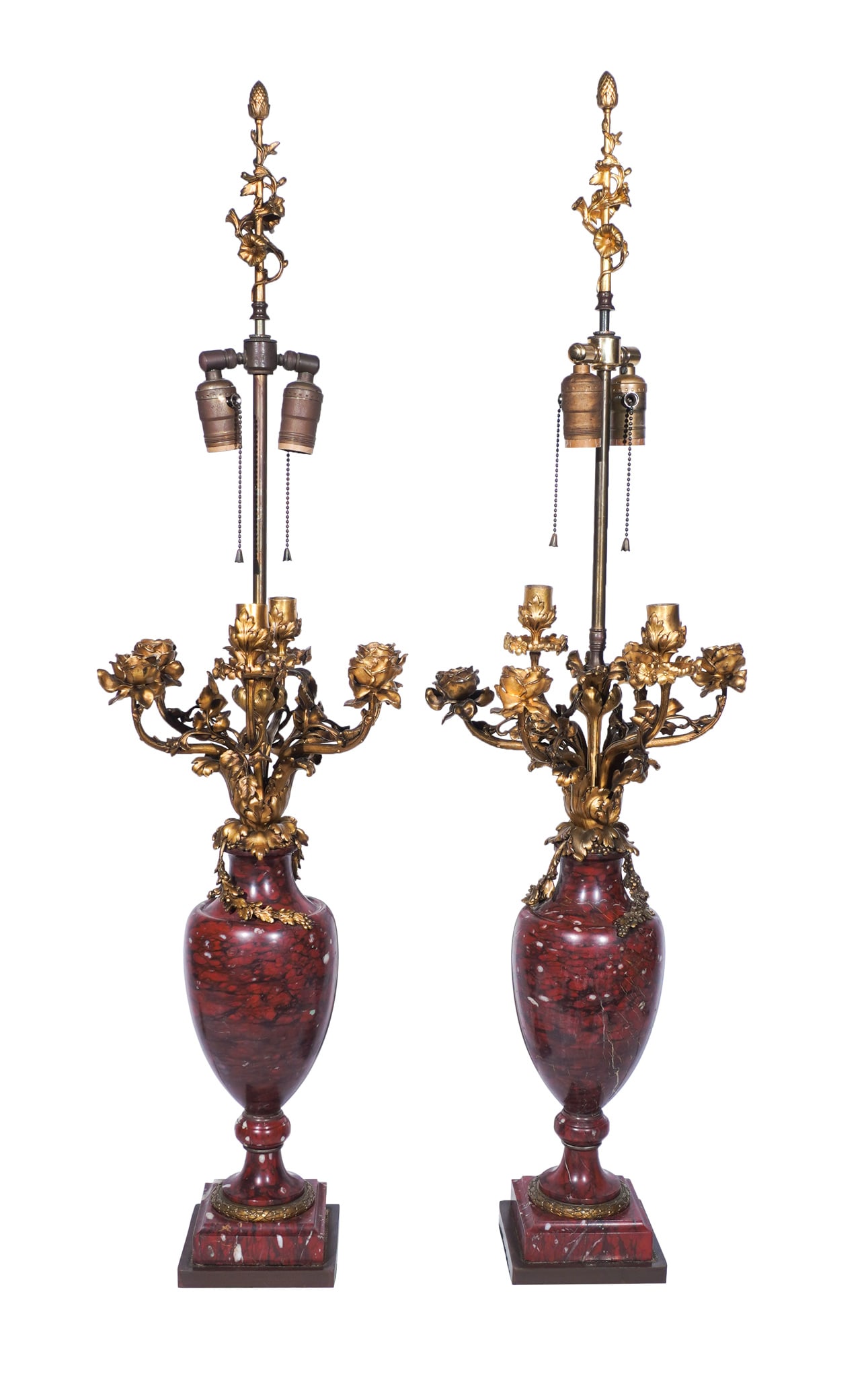 Pair of Louis XVI Style Ormolu Mounted Rouge Marble Six-Light Candelabra, Cast by Susse Frères (1 of 2)