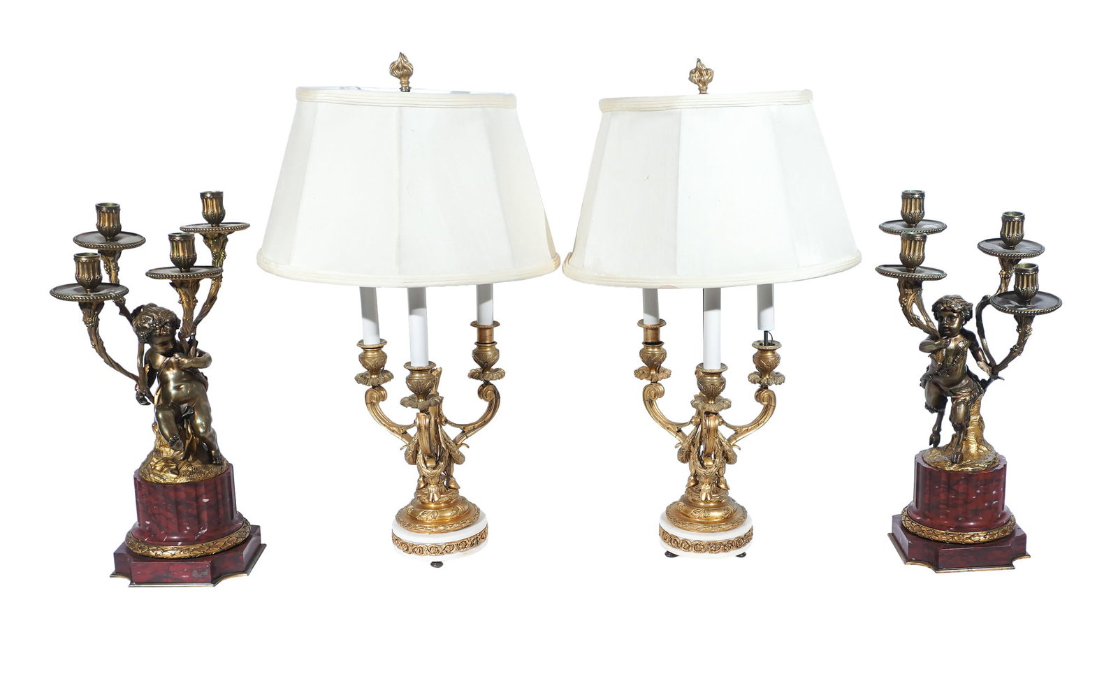 Pair of Louis XVI Style Ormolu and Mottled Red Marble Satyr and Putti-Form Four-Light Candelabra and (1 of 2)