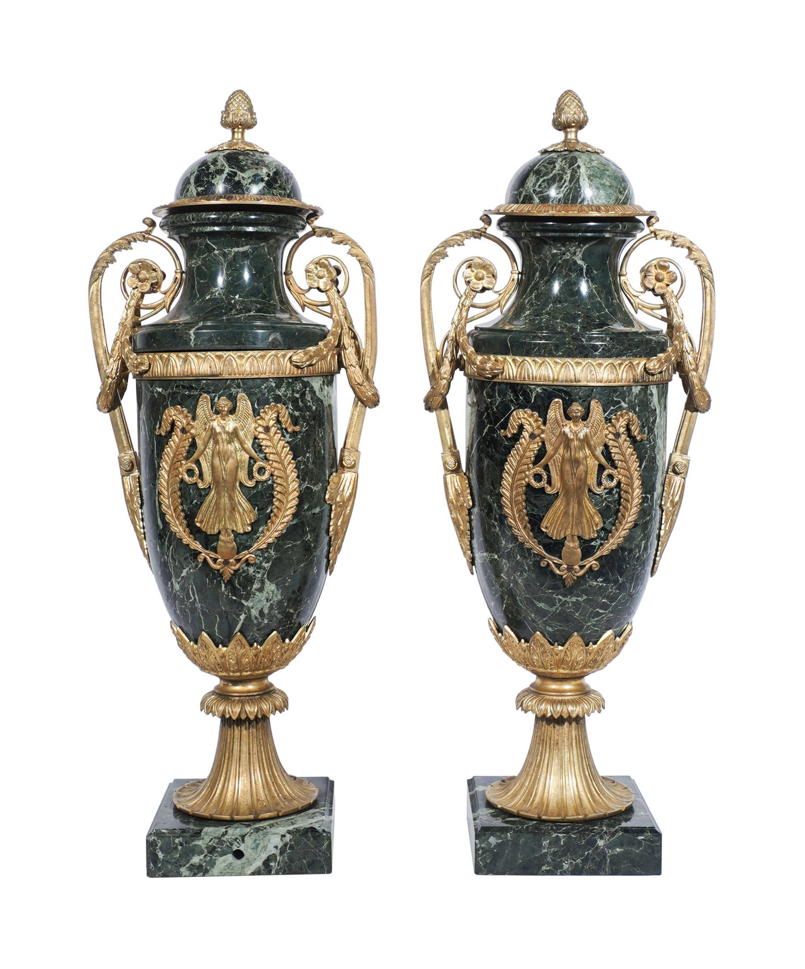 Pair of Empire Style Ormolu Mounted Mottled Green Marble Covered Urns, 20th Century, Overall height: (1 of 2)