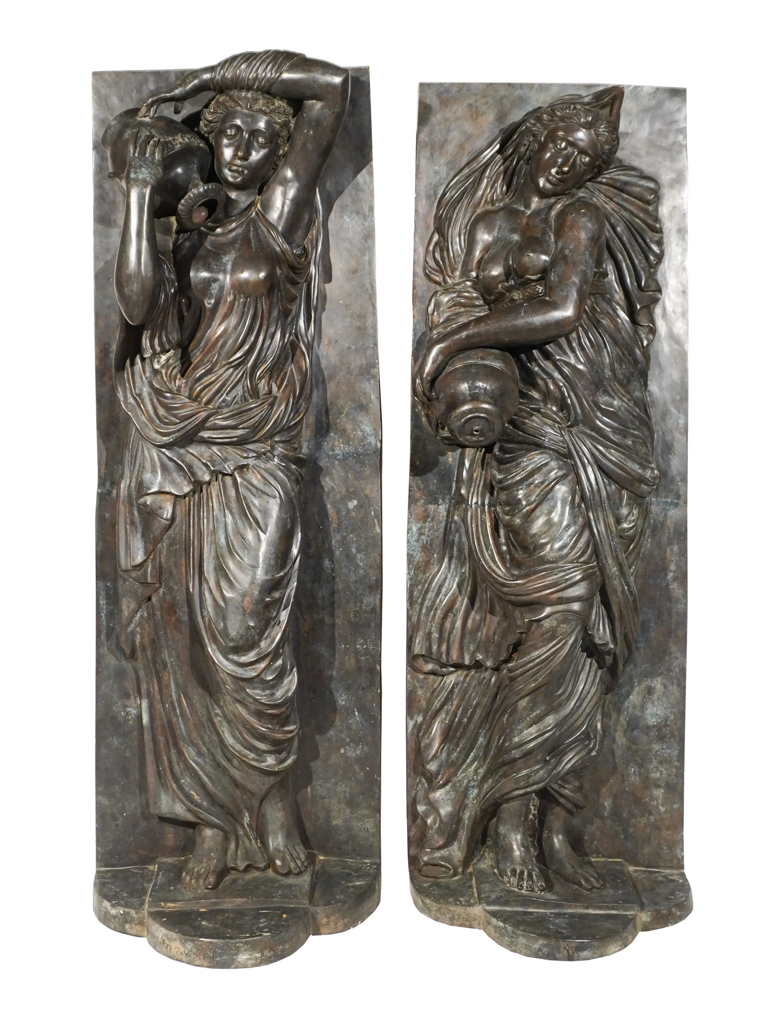Pair of Bas Relief Bronze Allegorical Fountain Wall Plaques of 'Fontaine des Innocents', After a: Pair of Bas Relief Bronze Allegorical Fountain Wall Plaques of 'Fontaine des Innocents' After a model by Jean Goujon, Post 1950 Having a dark-brown patina. Height of taller approximately: 66 in (167.6