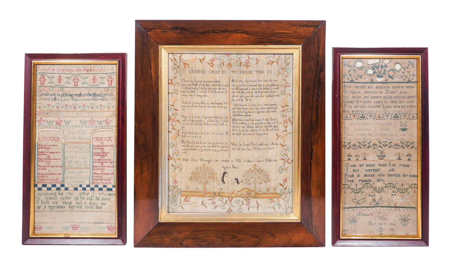 Three English or American Polychrome Silk-on-Linen Needlework Samplers, 18th Century, Largest sight (1 of 2)
