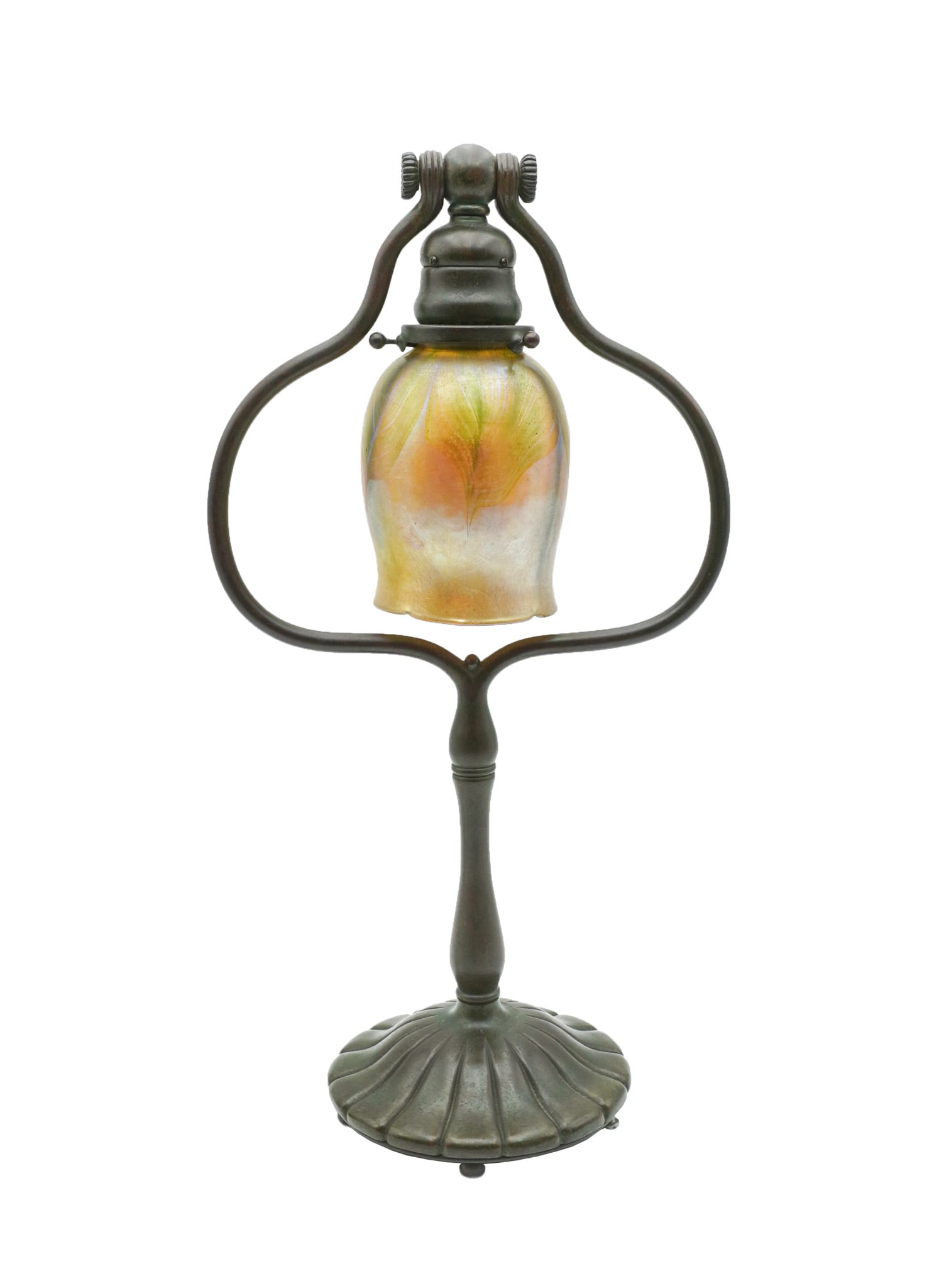 Tiffany Studios Favrile Glass and Bronze Harp Desk Lamp, Model 424, 1899-1920, Height: 17-3/4 in: Tiffany Studios Favrile Glass and Bronze Harp Desk Lamp Model 424, 1899-1920 Having a greenish-brown patina; the base impressed TIFFANY STUDIOS/ NEW YORK/ 424 and the shade inscribed L.C.T. on collet 