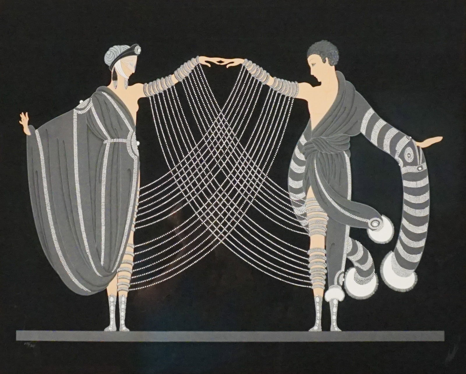 Erté (Romain de Tirtoff) (Russian/French 1892-1990), Marriage Dance and Kiss of Fire: Two: Erté (Romain de Tirtoff) (Russian/French 1892-1990) Marriage Dance and Kiss of Fire: Two Works Each a serigraph in color with silver on black paper The first, signed Erté within the margin l