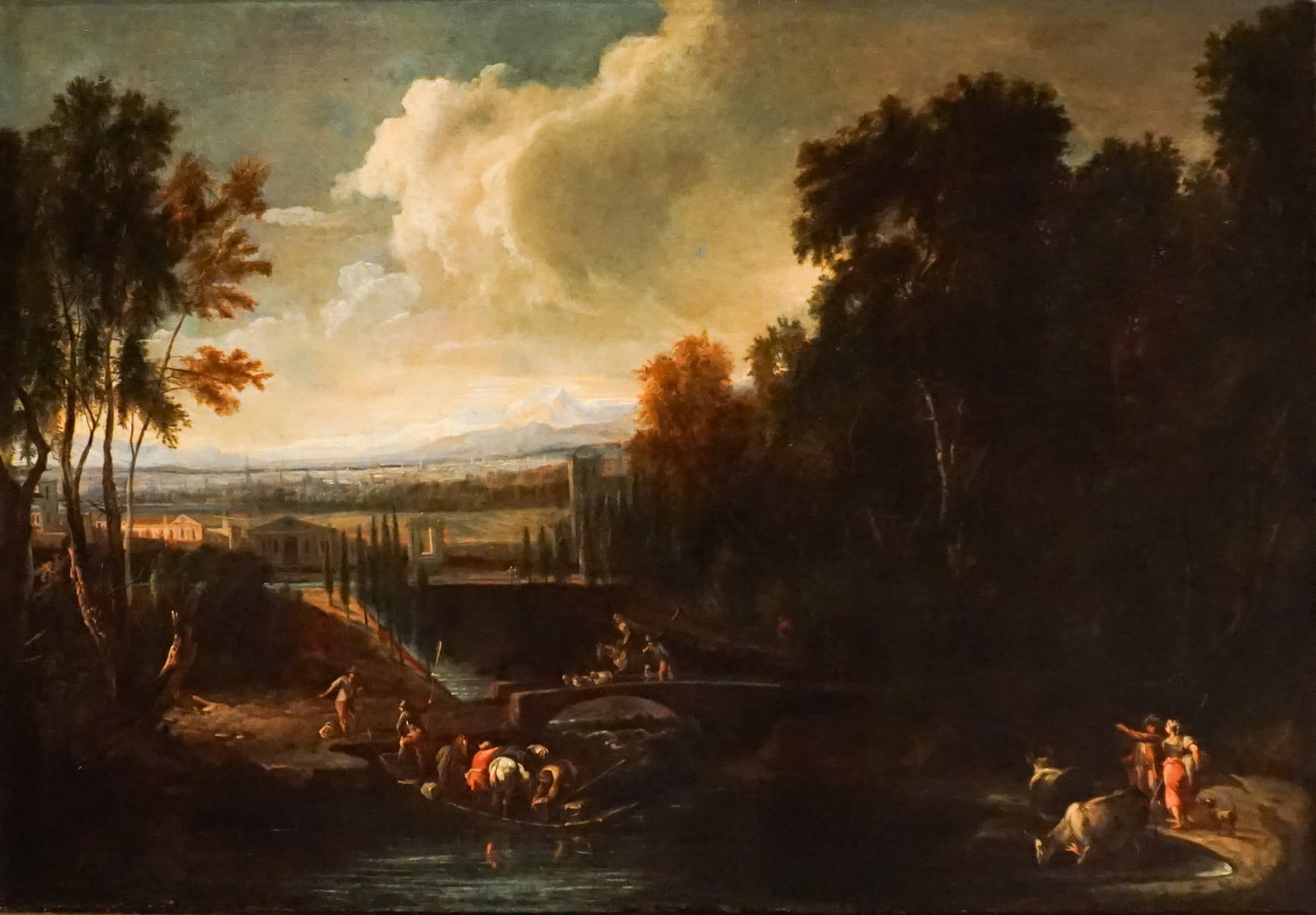 Manner of Claude Lorrain (French/Italian c. 1600-1682), Classical Landscape with Figures, Oil on: Manner of Claude Lorrain (French/Italian c. 1600-1682) Classical Landscape with Figures Oil on canvas Unsigned 38 x 54-1/2 in (96.5 x 138.4 cm); Frame: 41 x 58 in (104.1 x 147.3 cm)