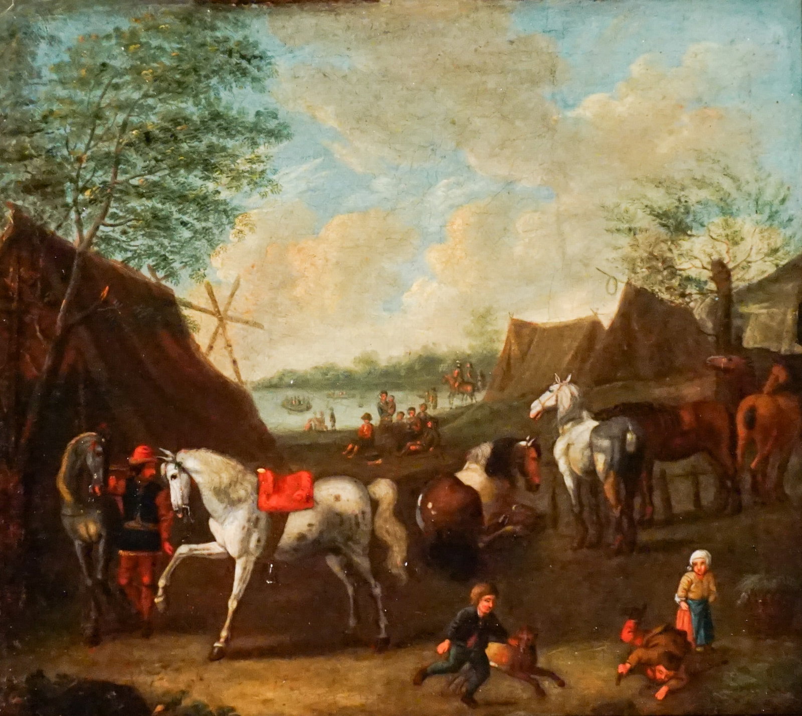 Franco-Flemish School (17th-18th Century), Encampment by a River, Oil on canvas, 13 x 14 in (33 x: Franco-Flemish School (17th-18th Century) Encampment by a River Oil on canvas With indistinct initials LC (?) in red l.r. 13 x 14 in (33 x 35.6 cm); Frame: 17 x 19 in (43.2 x 48.3 cm)