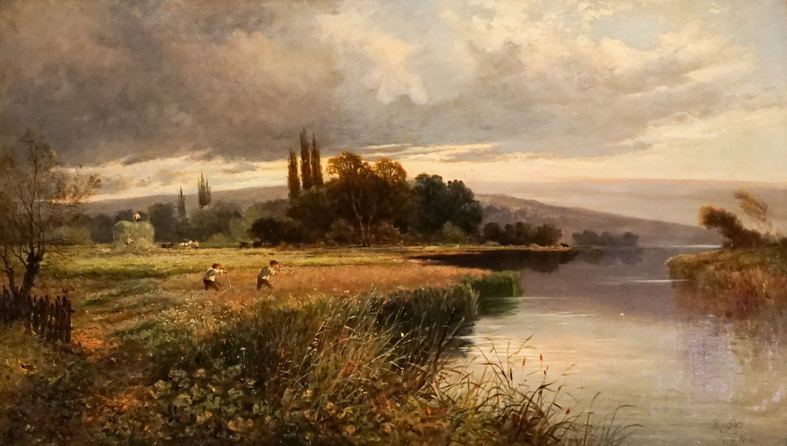 George Vicat Cole (British 1833-1893), View of Great Marlow on Thames, Oil on canvas, 24 x 42 in (61: George Vicat Cole (British 1833-1893) View of Great Marlow on Thames Oil on canvas Signed with artist's monogram GVC and located Nr Great Marlowe [sic] on Thames l.r. 24 x 42 in (61 x 106.7 cm); Frame