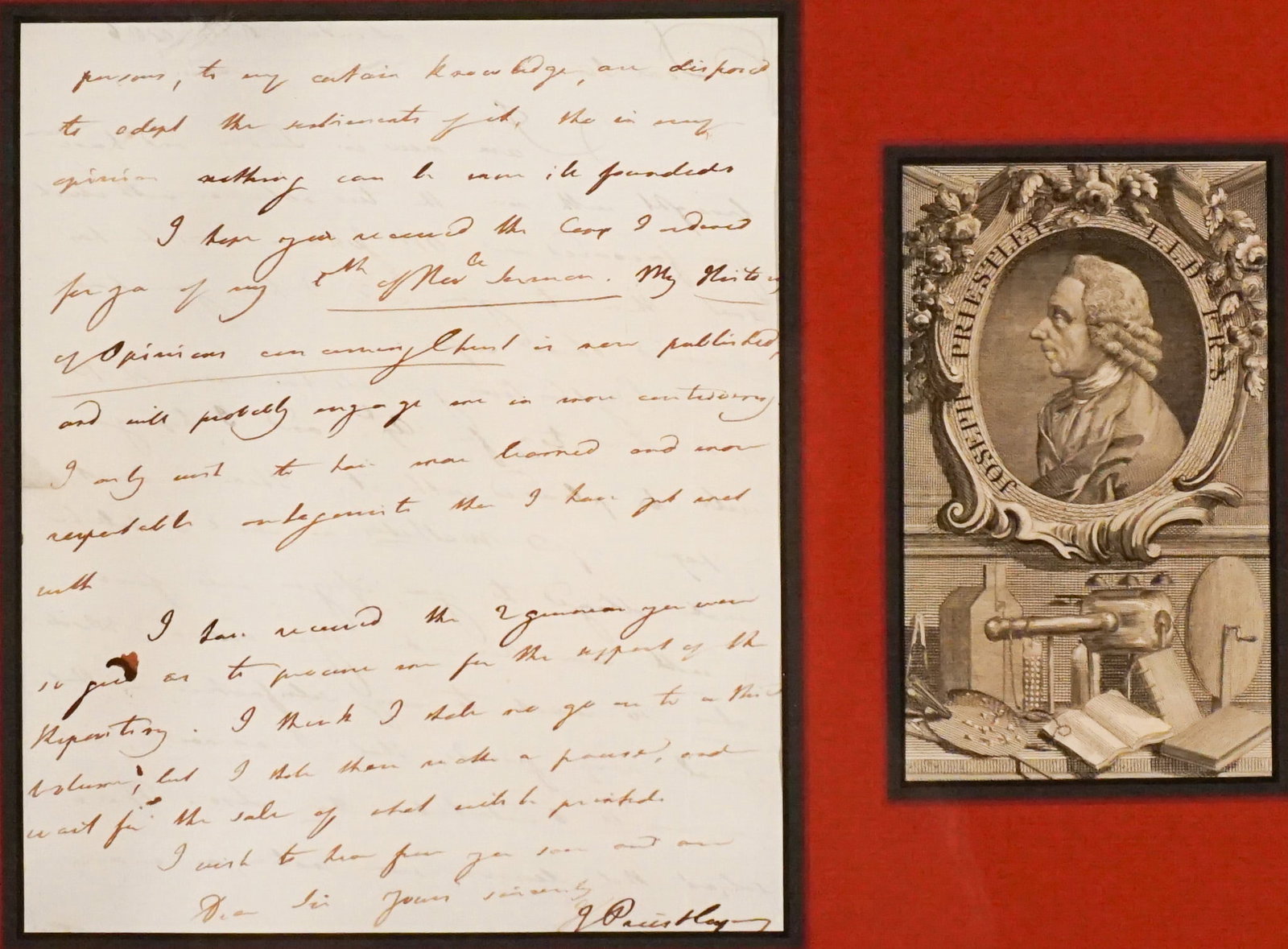 Autographed Letter From Joseph Priestly to Rev. Joseph Bretland Quarto, two full pages, dated April: Autographed Letter From Joseph Priestly to Rev. Joseph Bretland Quarto, two full pages, dated April 28, 1786; framed together with a portrait engraving of Priestly Provenance: Kenneth W. Rendell, Sout