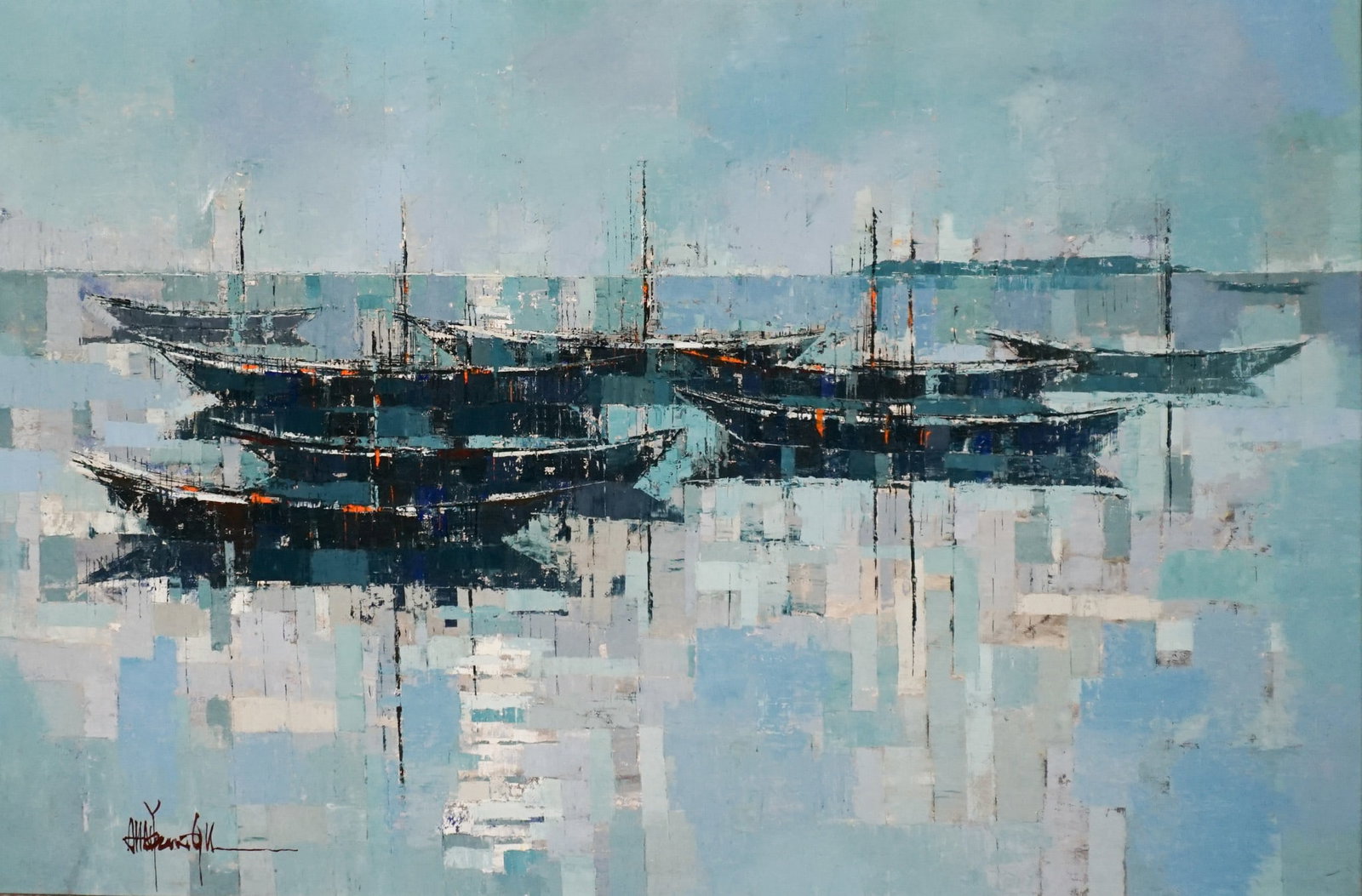 Young-Il Ahn (Korean/American 1935-2020), Junks, Oil on canvas, 24 x 36 in (61 x 91.4 cm); Frame:: Young-Il Ahn (Korean/American 1935-2020) Junks Oil on canvas Signed Ahn Youngil l.l. 24 x 36 in (61 x 91.4 cm); Frame: 24-3/4 x 37 in (62.9 x 94 cm)