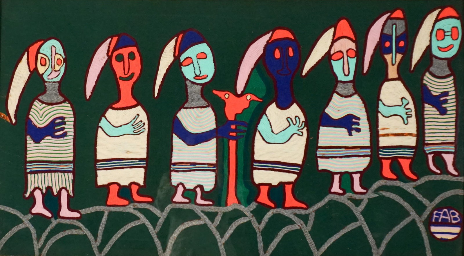 Bisi Fabunmi (Ghanaian b. 1944), Untitled (Figures), Thread collage on board, Sight size: 23-1/2 x: Bisi Fabunmi (Ghanaian b. 1944) Untitled (Figures) Thread collage on board Signed FAB l.r. Sight size: 23-1/2 x 42-1/4 in (59.7 x 107.3 cm); Frame: 27-1/2 x 46-1/4 in (69.9 x 117.5 cm)