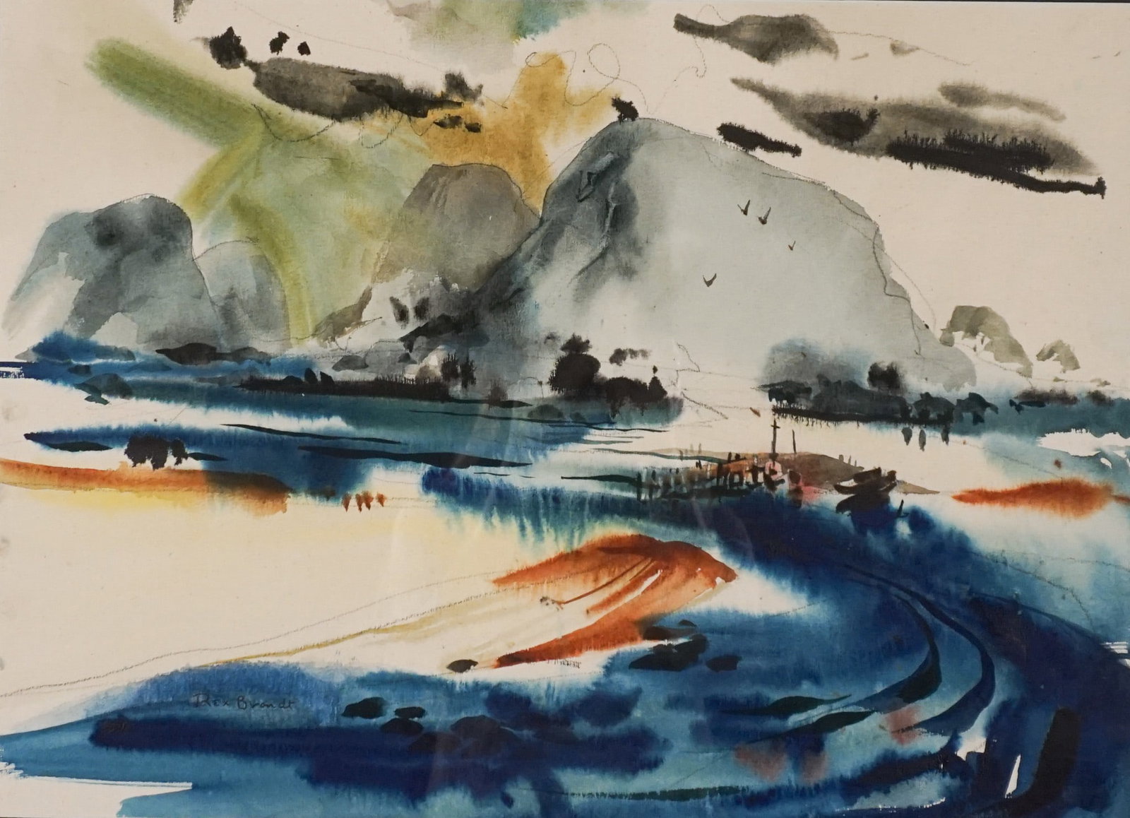 Rex Brandt (American 1914-2000), Beach Landscape, Watercolor on paper, Sight size: 17 x 23-1/2 in: Rex Brandt (American 1914-2000) Beach Landscape Watercolor on paper Signed Rex Brandt l.l. Sight size: 17 x 23-1/2 in (43.2 x 59.7 cm); Frame: 27 x 33-1/2 in (68.6 x 85.1 cm)