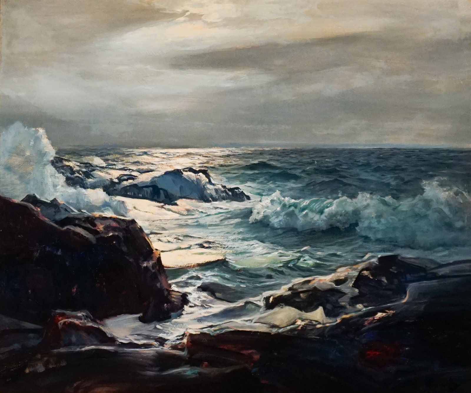 Frederick Judd Waugh (American 1861-1940), Seascape, Oil on Masonite, 25 x 30 in (63.5 x 76.2 cm);: Frederick Judd Waugh (American 1861-1940) Seascape Oil on Masonite Signed Waugh l.r.; also inscribed 14. Twilight on paper label affixed to verso 25 x 30 in (63.5 x 76.2 cm); Frame: 32 x 37 in (81.3 x