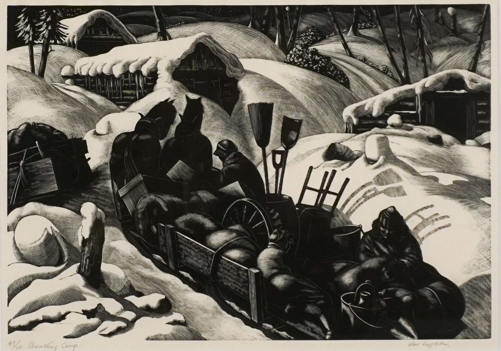 Clare Leighton (British/American 1898-1989), Breaking Camp: From the 'Lumber Camp' Series (Jaffé: Clare Leighton (British/American 1898-1989) Breaking Camp: From the 'Lumber Camp' Series (Jaffé 39) Wood engraving, 1931 Signed Clare Leighton in graphite l.r. and titled and numbered 49/100 in g