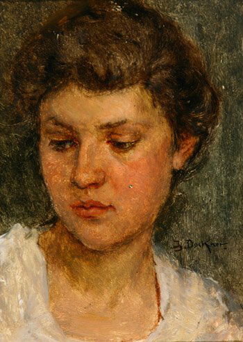 Probably German School, 20th Century Portrait of: Probably German School, 20th Century,Portrait of a Woman,Signed * Dockner l.l.,Oil on board,9 x 6-1/2 in (22.9 x 16.5 cm)