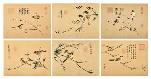 GROUP OF SIX SILK EMBROIDERED 'BIRDS' PANELS: The lot includes a group of six silk embroideries, each depicts birds perched on tree branches, with flowers, leaves, and colophon, artist signature and mark on each panel. Height: 1 in (2.5 cm) Lengt