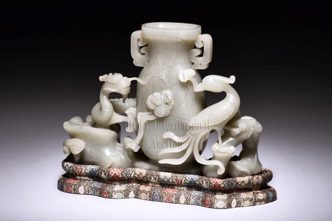 WHITE JADE CARVED 'DRAGON AND PHOENIX' FLOWER VASE (1 of 8)