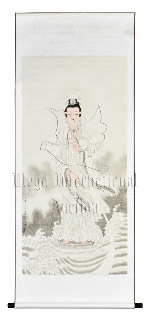 BAI JIAO: INK AND COLOR ON PAPER PAINTING 'GUANYIN': Ink and color on paper, vertical scroll. The painting depicts Guanyin standing on lotus throne against raging ocean waves, one hand pouring water from the small vase, the other hand in mudra, artist s