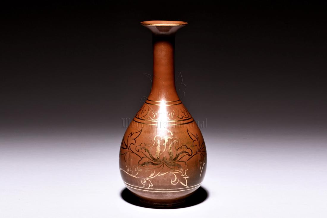 YIDING WARE BROWN GLAZED AND GILT 'FLOWERS' VASE (1 of 6)