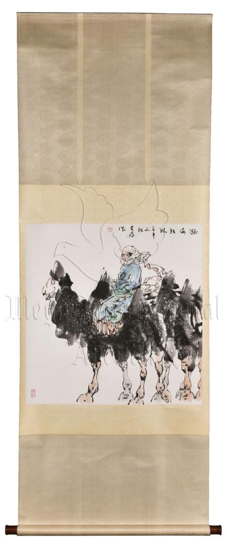 LIU DAWEI: INK AND COLOR ON PAPER 'ETHNIC GIRL': Ink and color on paper, vertical scroll. The painting depicts a girl in ethnic minority clothing, riding on camel, traveling forward. Artist colophon, signature and mark Liu Dawei on top. Height: 27 1