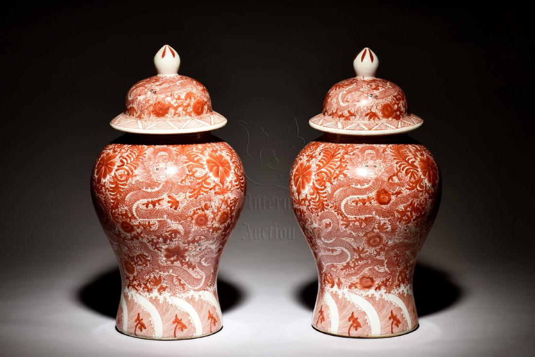 PAIR OF UNDERGLAZED RED 'DRAGONS' COVERED JARS (1 of 10)