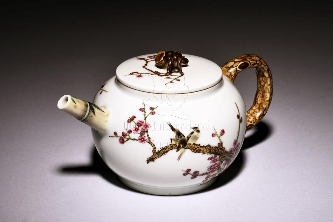 ENAMEL PAINTED 'BIRDS AND FLOWERS' TEAPOT (1 of 6)